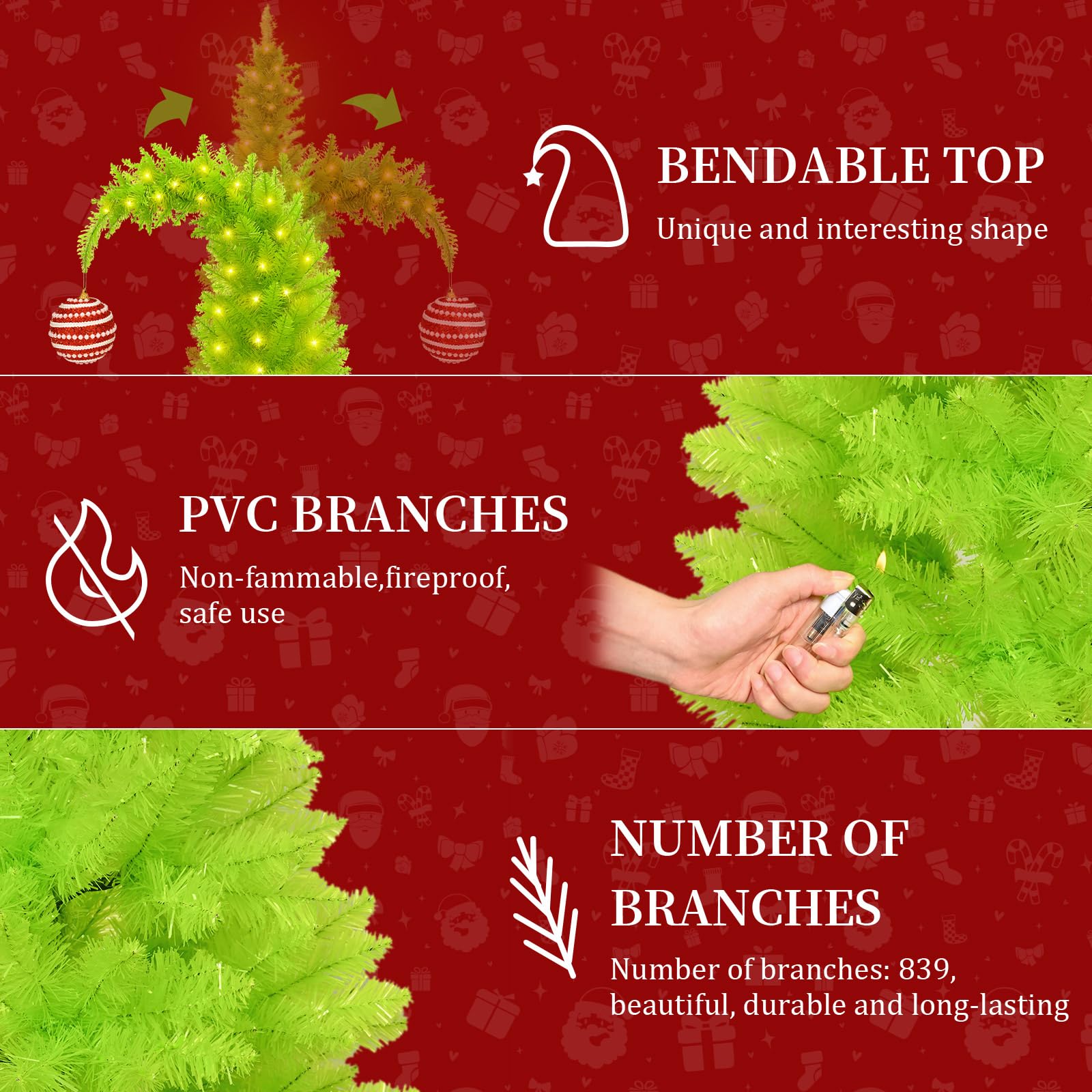 Grinchs Christmas Tree 6FT, Whimsical Bendable Artificial Tree, Lime Green Design with Tree Skirt & Red Ball Ornament, Christmas