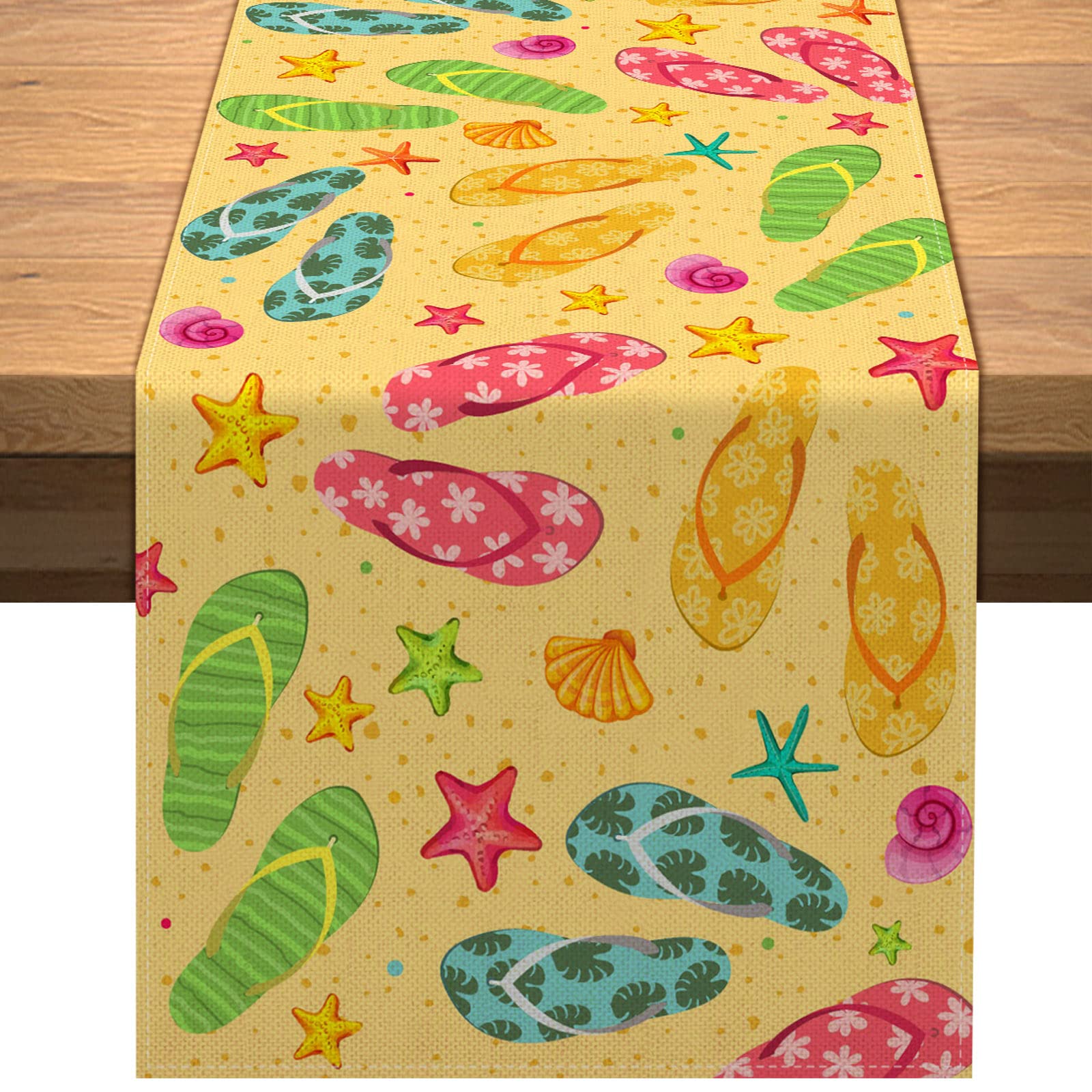 Vohado Linen Summer Flip Flop Table Runner 72Inches Long Beach Hawaiian Party Decorations Starfish Shell Slipper Home Kitchen Di