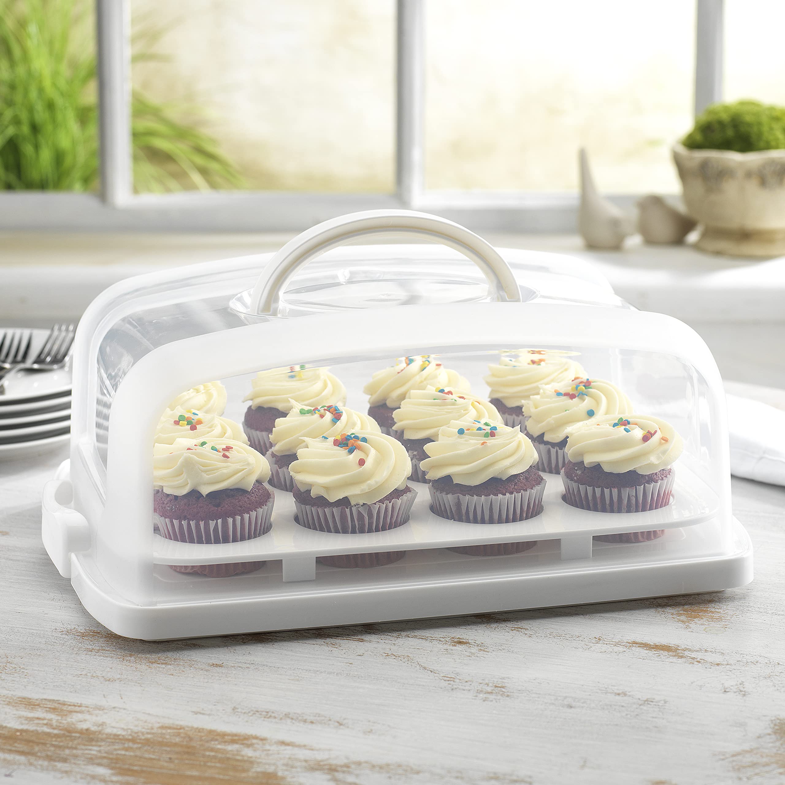 Mosjos 2In1 Cupcake Carrier And Cake Keeper With Lid, Cupcake Box To Fit 12, Sturdy, Bpa-Free Cupcake Holder With Two Secure Sid
