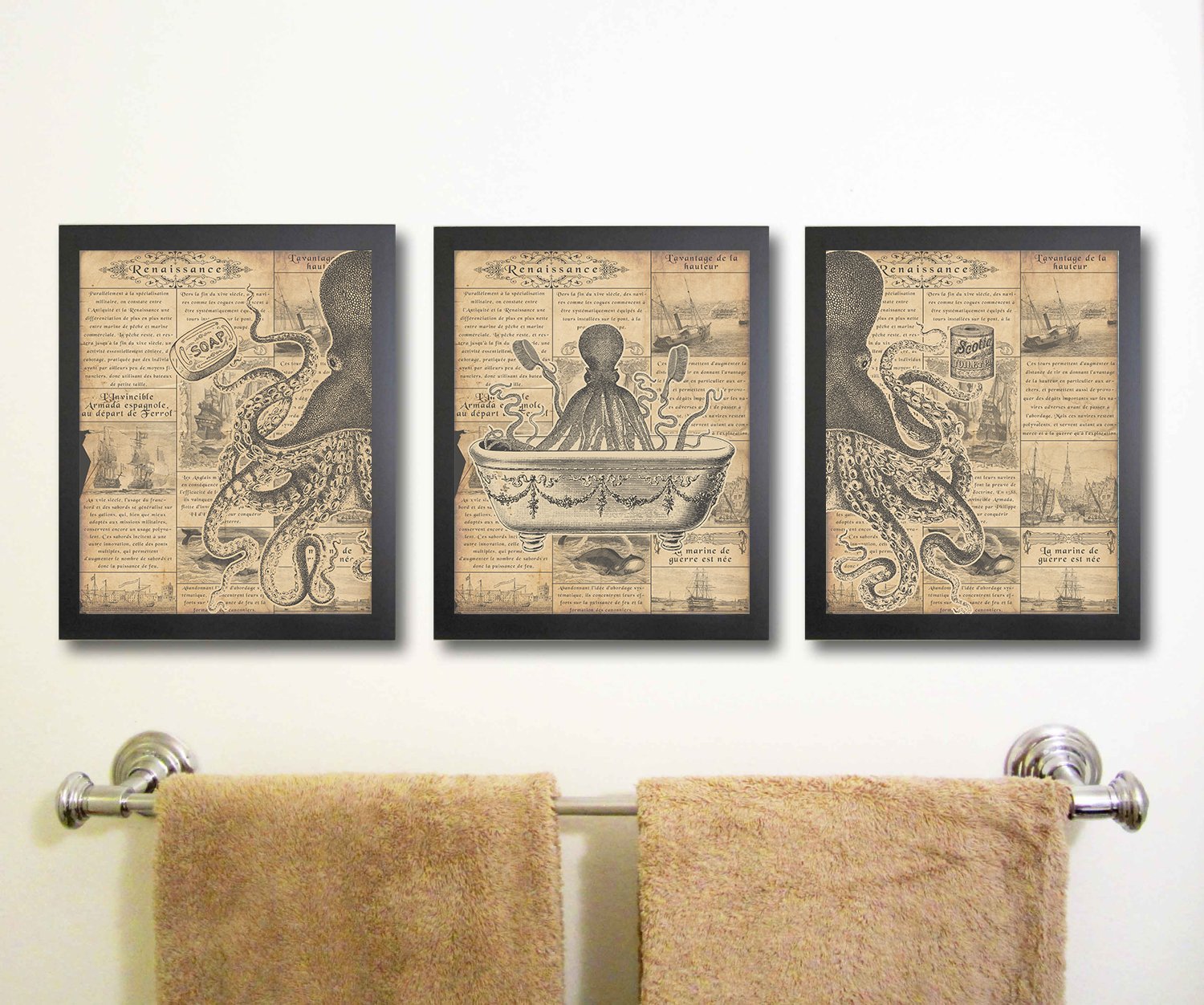 Awesome Vintage Sepia Brown Kraken Octopus Squid Nautical Modern Restroom Bathroom Wall Art Print Decor Bath Paintings