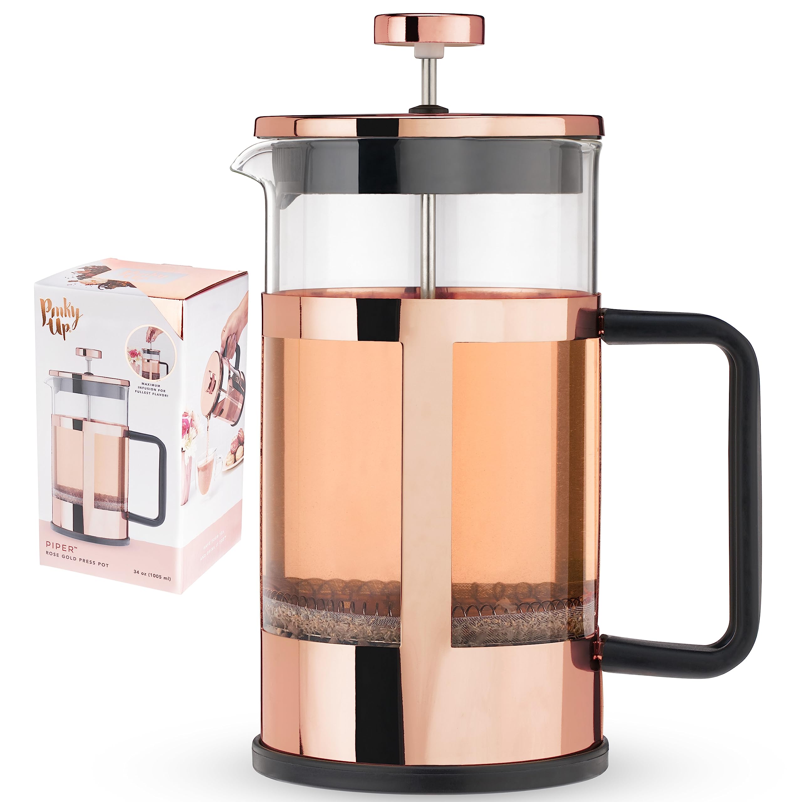 Pinky Up Piper Tea Press Pot, Coffee Maker, French Press For Loose Leaf Tea And Coffee, Hot Or Iced Beverage Brewer, 34 Oz, Rose