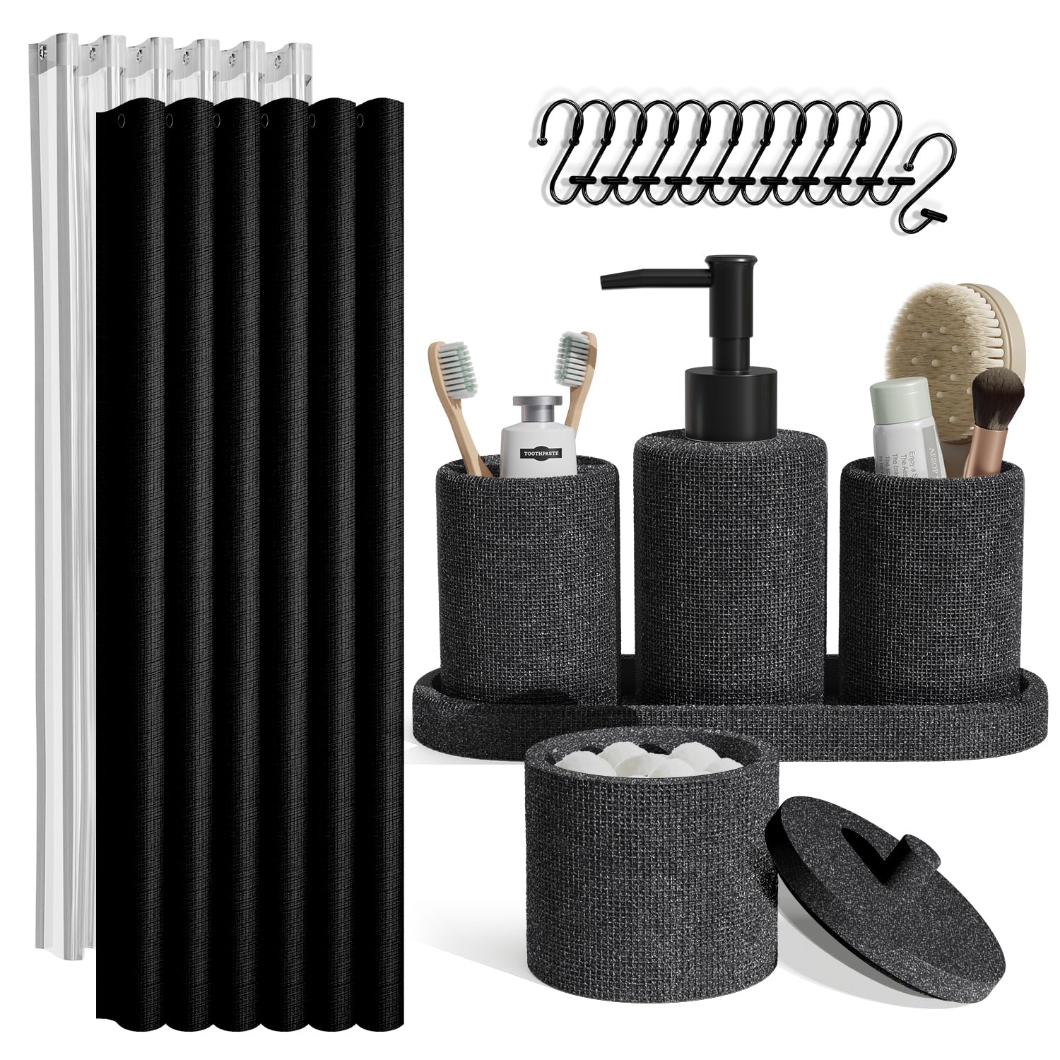Clara Clark Bathroom Set - Coal Black Bathroom Accessories Set, 19PC Bathroom Accessory Set, Bathroom Sets with Shower Curtain S
