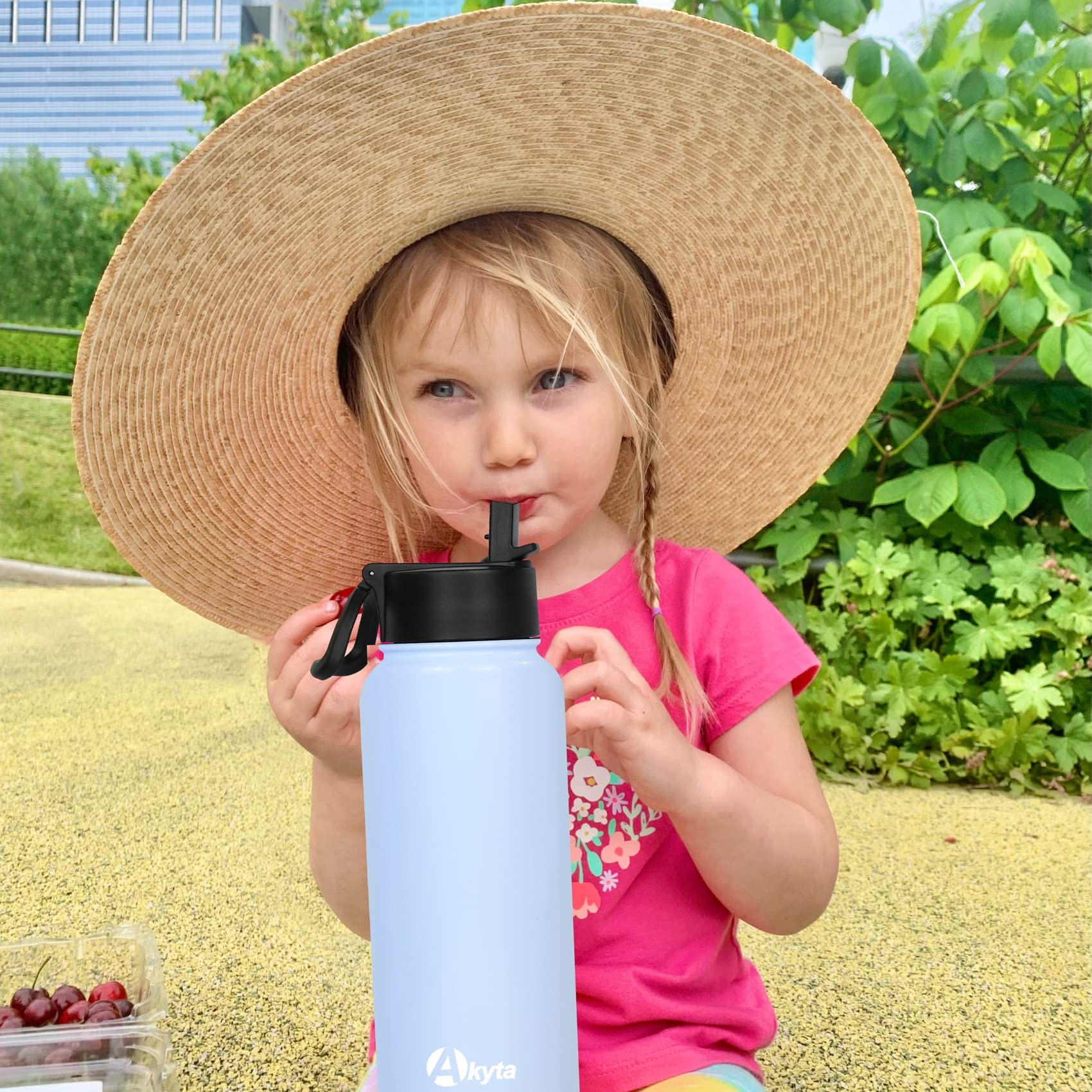 Akyta Sports Stainless Steel Water Bottle with Straw  Spout lid-32OZ - Keep Water Cold/Hot  Wide Mouth Vacuum Insulated Thermos Metal Water Bottles for Biking Hiking (Light Blue  32OZ)