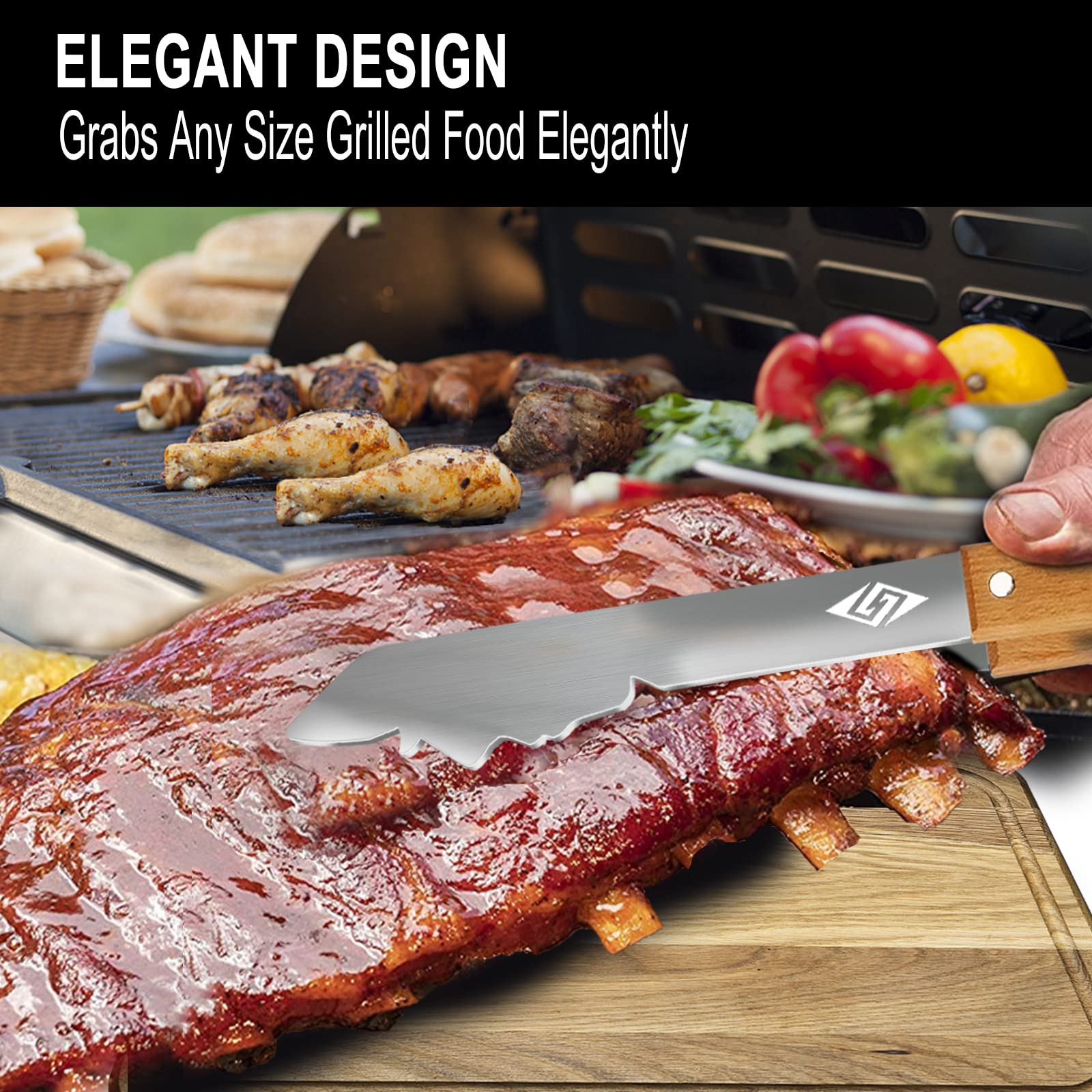 Heavy Duty Bbq Grill Tongs For Outdoor Grill,17 Inch Long Grill Tool, Metal Barbecue Utensil, Wooden Handle, Fun Barbecue Tongs