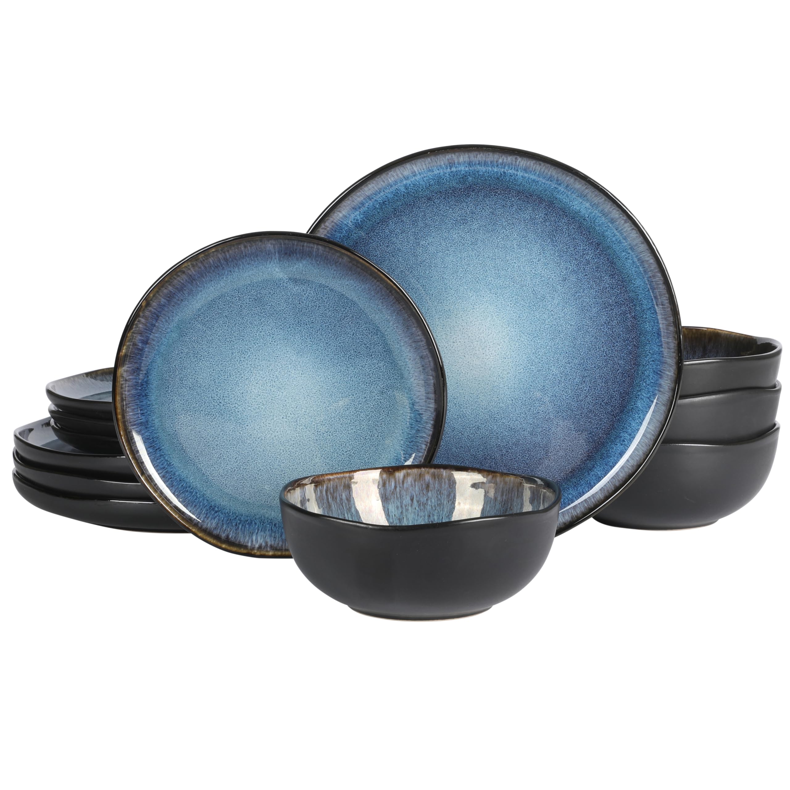 Gibson Soho Lounge Nardini 12 Piece (Service for 4) Plates and Bowls Reactive Glaze Dishes Stoneware Ceramic Dinnerware Set - Bl
