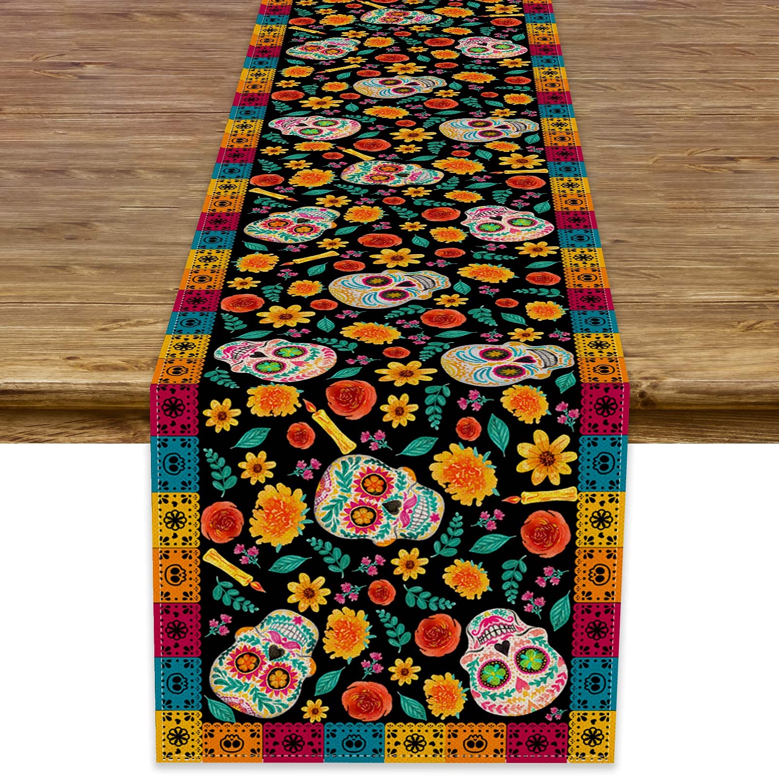 Dia De Los Muertos Table Runner Linen Mexican Sugar Skull Day Of The Dead Altar Decoration For Home Kitchen Dining Room (13'' X