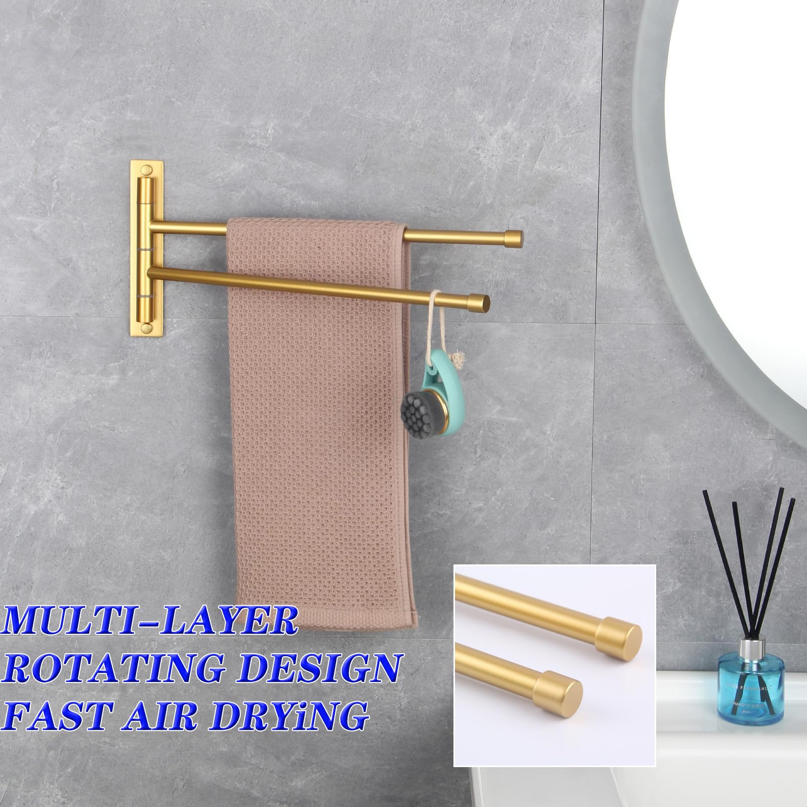 Gerzwy Bathroom Swing Arm Towel Bars 2-Arm Wall Mount Stainless Steel Bath Towel Rack Hanger Towel Holder Organizer Gold Finishe
