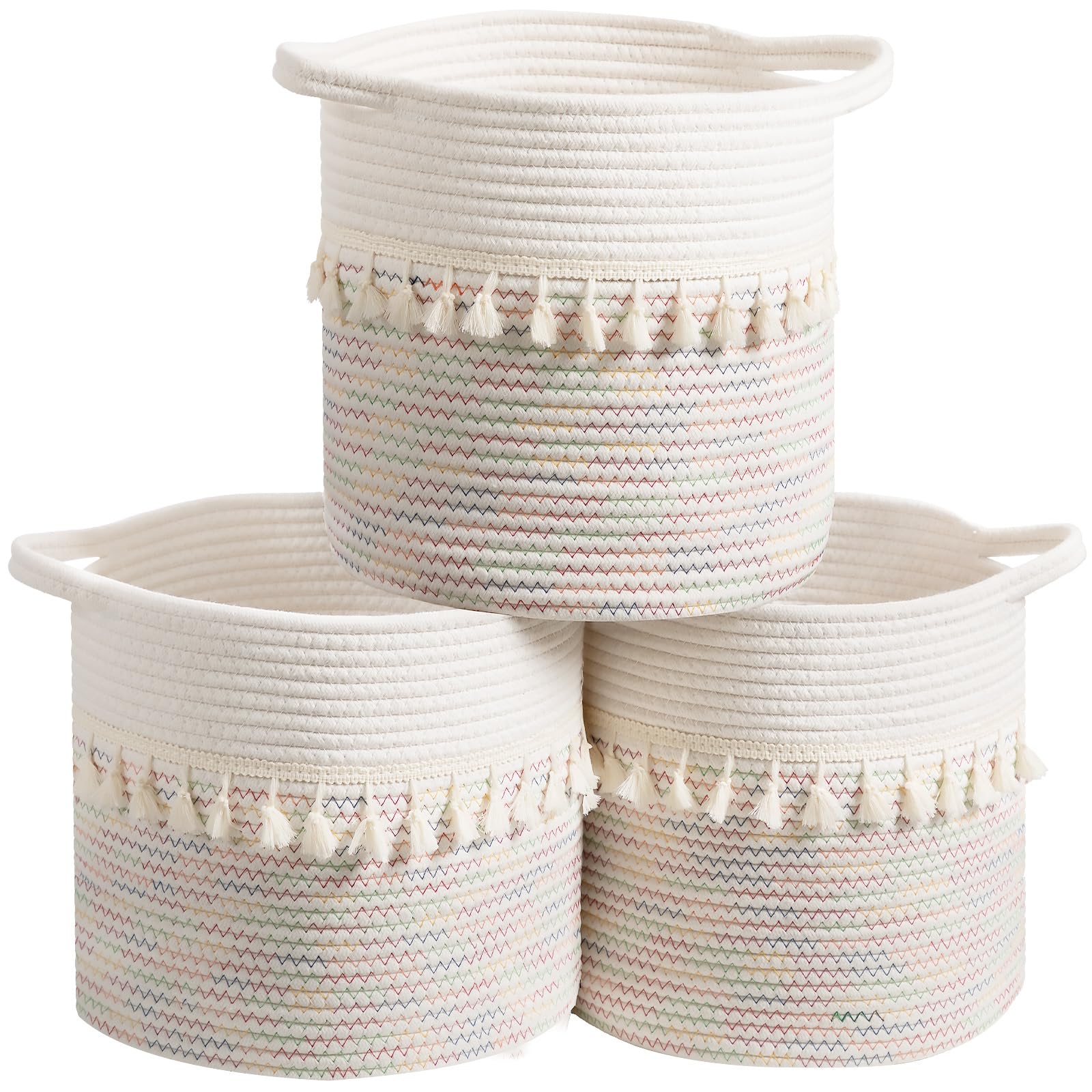 Danpinera Set Of 3 Woven Baskets, 11''X11'' Woven Baskets For Storage With Firm Handles, Small Boho Storage Basket For Shelves,