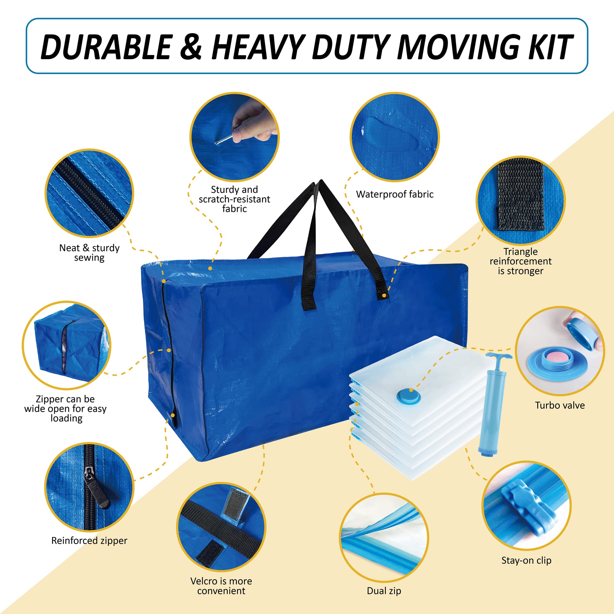 12 Pack Heavy Duty Extra Large Moving Bags with Backpack Straps & Large Vacuum Storage Bags Moving Supply Combo  Moving Totes with Handles & Zippers for Space Saving  Fold Flat  Includes Vacuum Bags