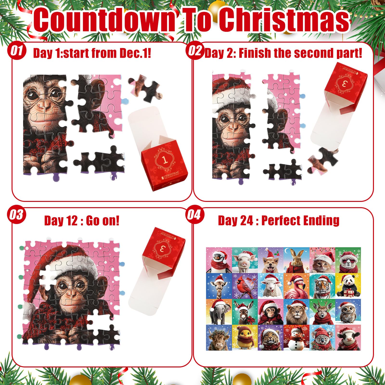 Wovnet 24 Boxes 1000 Pcs Advent Calendar 2025 Christmas Jigsaw Puzzle for Adults Winter Snow Animals Puzzles 24 Days Christmas C