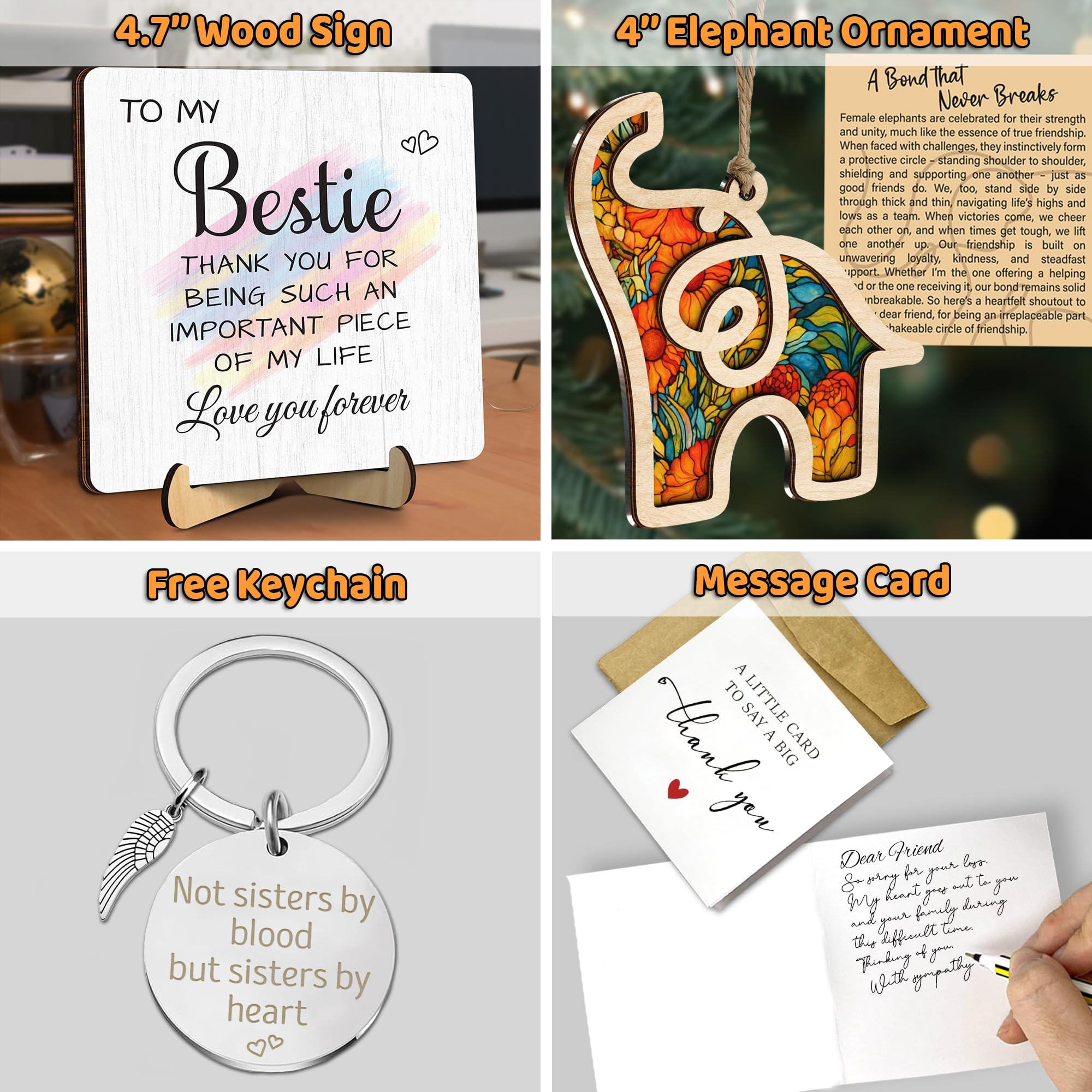 Friend Birthday Gift for Women, Bestie Appreciation Plaque, Friendship Elephant Suncatcher Ornament, Sisterhood Engraved Keychai