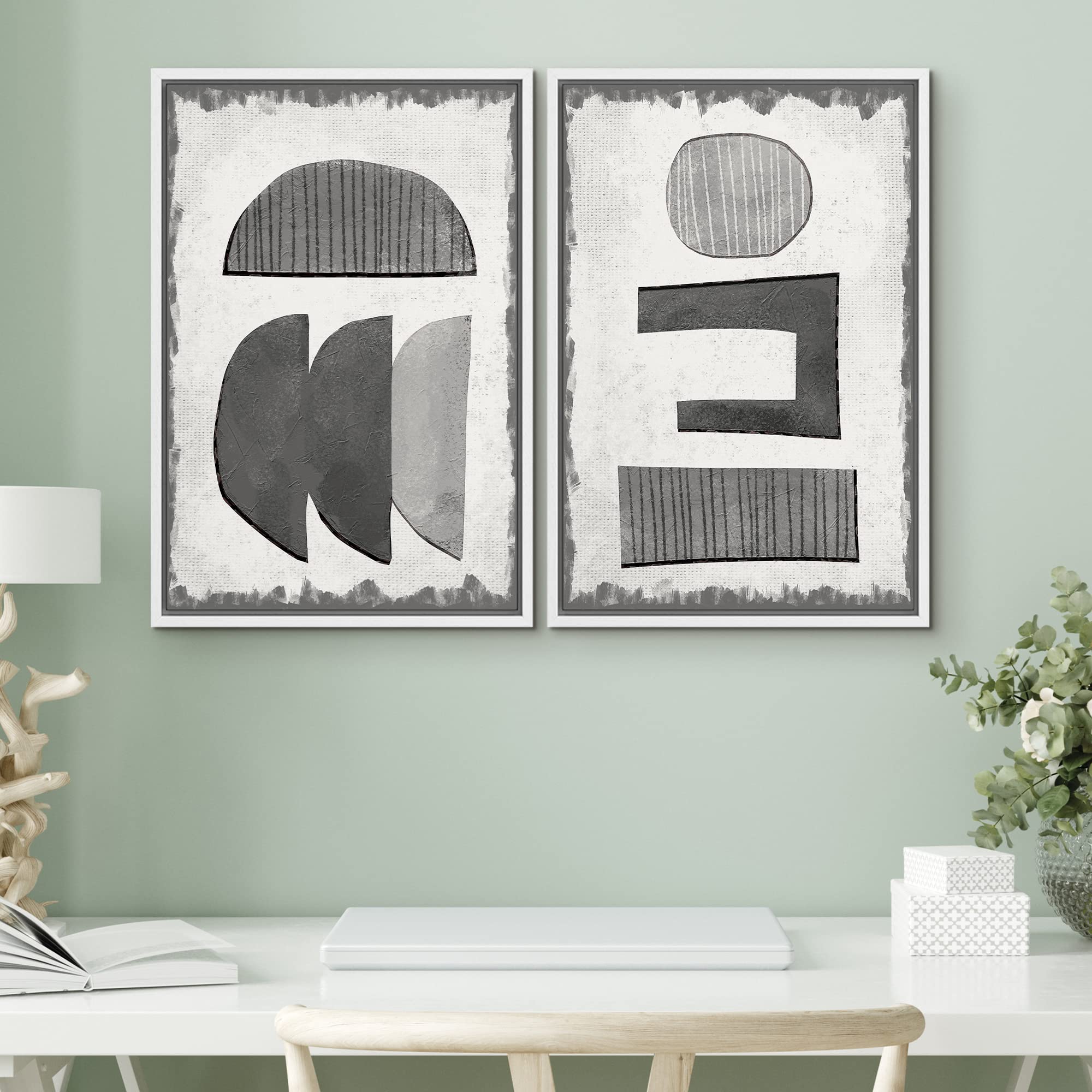 Signwin Framed Canvas Print Wall Art Set Art Deco Grunge Dark Black Polygons Abstract Shapes Illustrations Minimal Decorative No