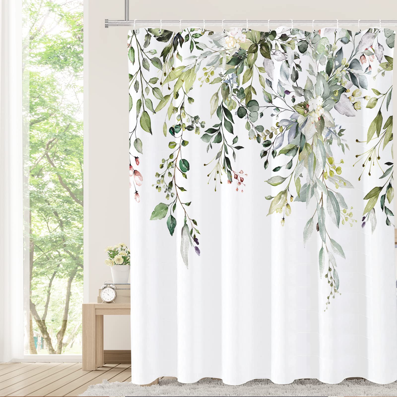 Tititex Sage Green Eucalyptus Shower Curtain, Watercolor Leaves On The Top Plant With Floral Bathroom Decoration Shower Curtain