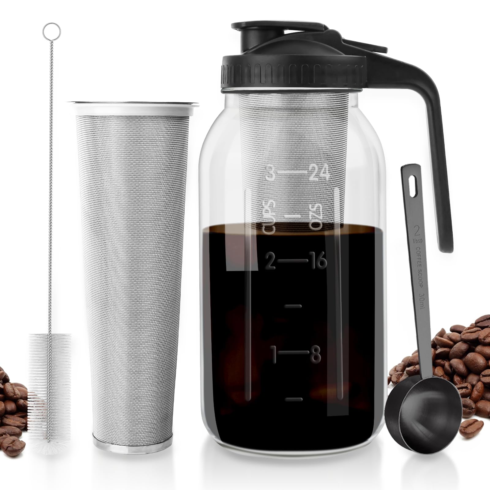 Cold Brew Coffee Maker - 64 Oz Wide Mouth Mason Jar Pitcher With Stainless Steel Filter, Coffee Scoop, And Cleaning Brush -Glass