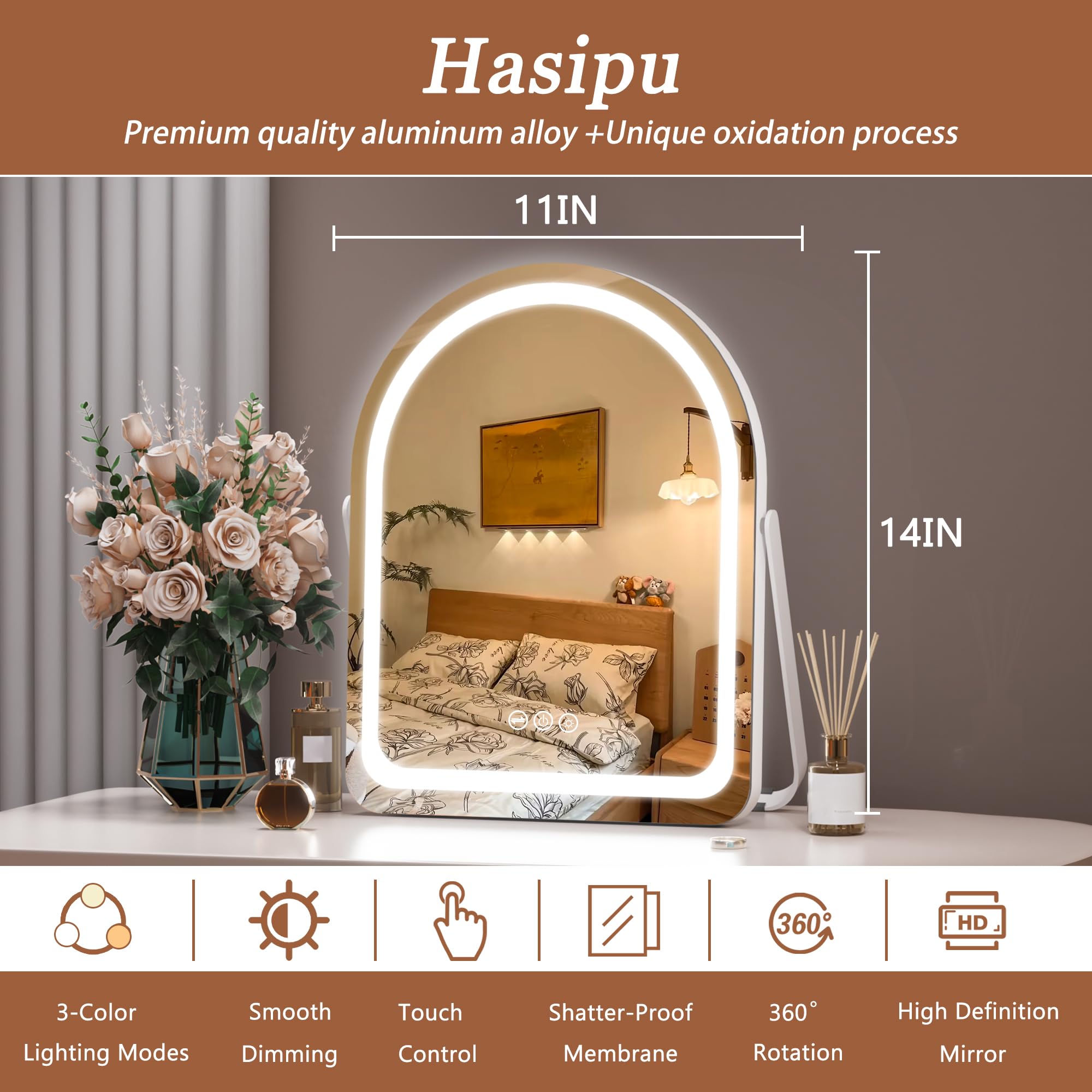 Hasipu Vanity Mirror With Lights, 11''  14'' Led Makeup Mirror, Lighted Makeup Mirror With Lights, Smart Touch Control Dimmable