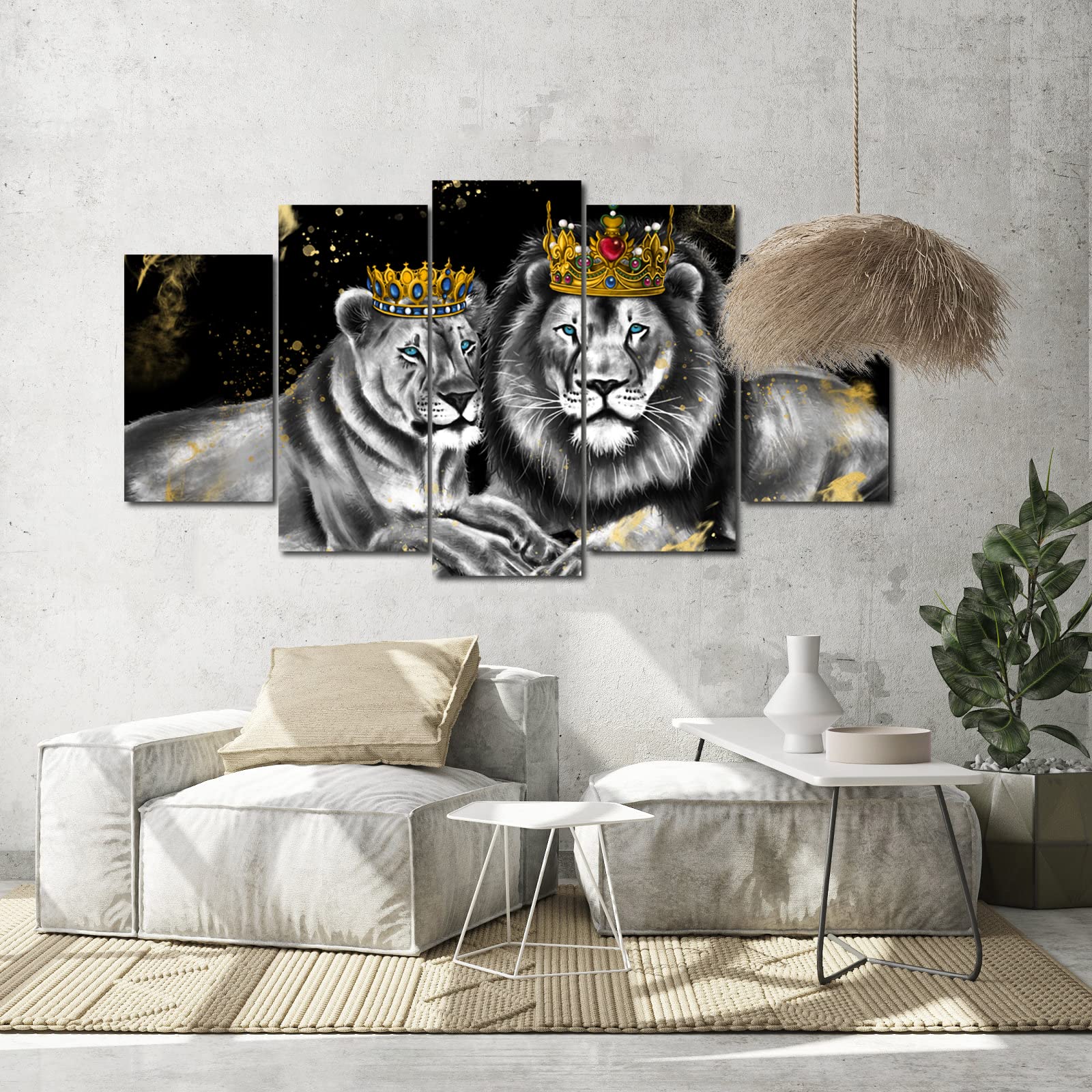 Ouelegent 5 Piece Lion And Lioness Canvas Wall Art King And Queen With Golden Crown African Animal Painting Artwork For Living R