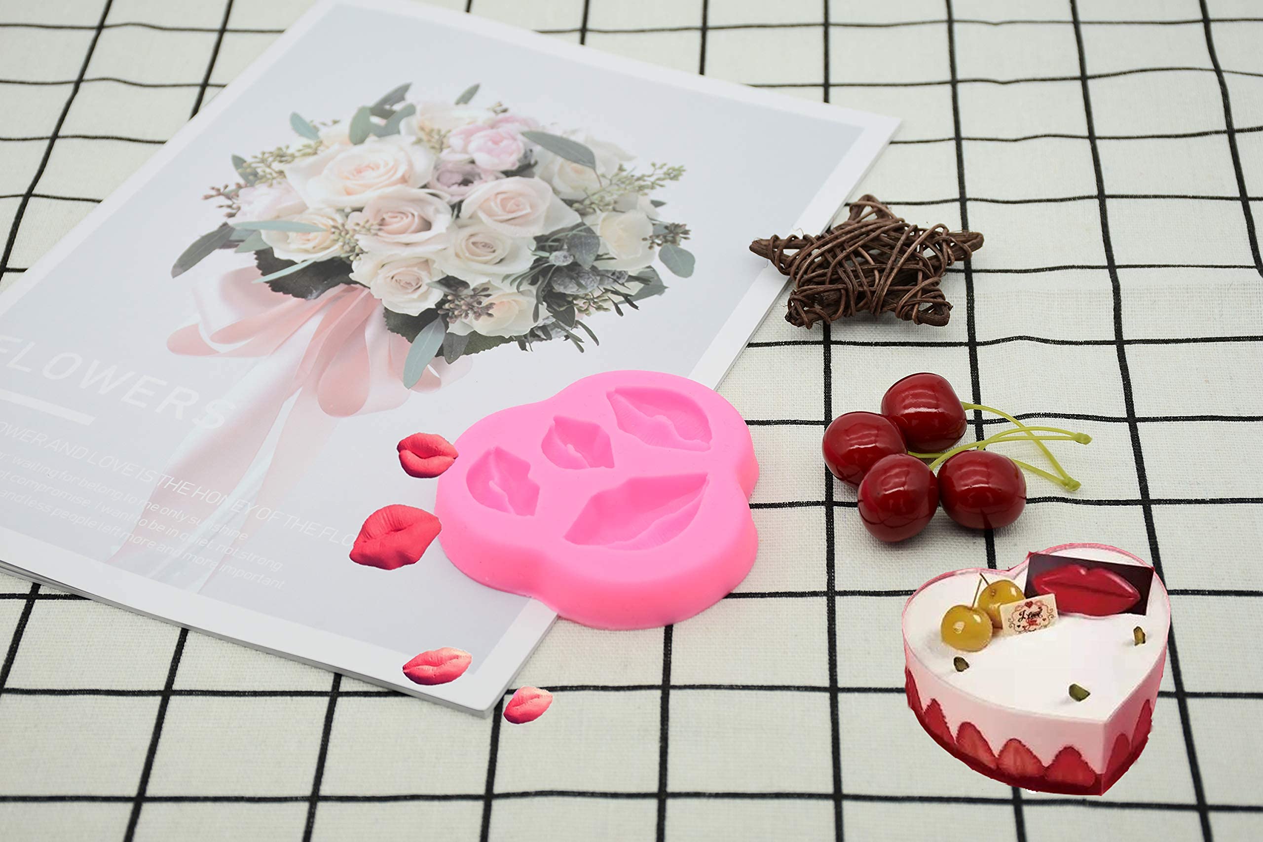 Feilibay 3 Pack Silicone Fondant Cake Molds, Rose Flower, Lips, Heart Shape Candy Molds Set For Chocolate Making, Cake, Valentin