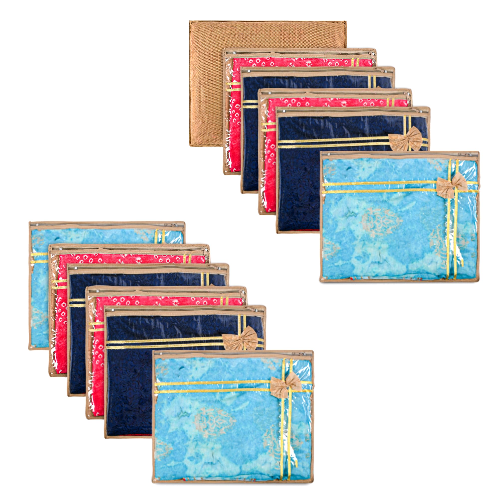 Kuber Industries 12 Pcs Non Woven Single Saree Covers For Storage With Zip Transparent | Saree Organiser For Wardrobe & Suitcase