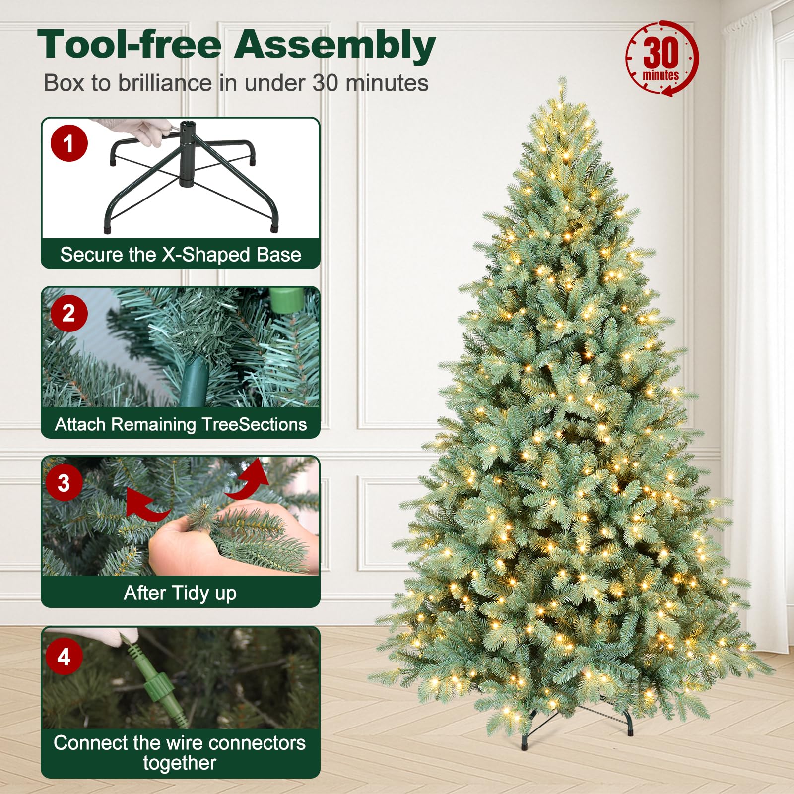 Bulexwish 7.5ft Prelit Artificial Christmas Tree, Blue Spruce Xmas Tree with Lights & Easy Setup Hinged Design, Realistic PE/PVC