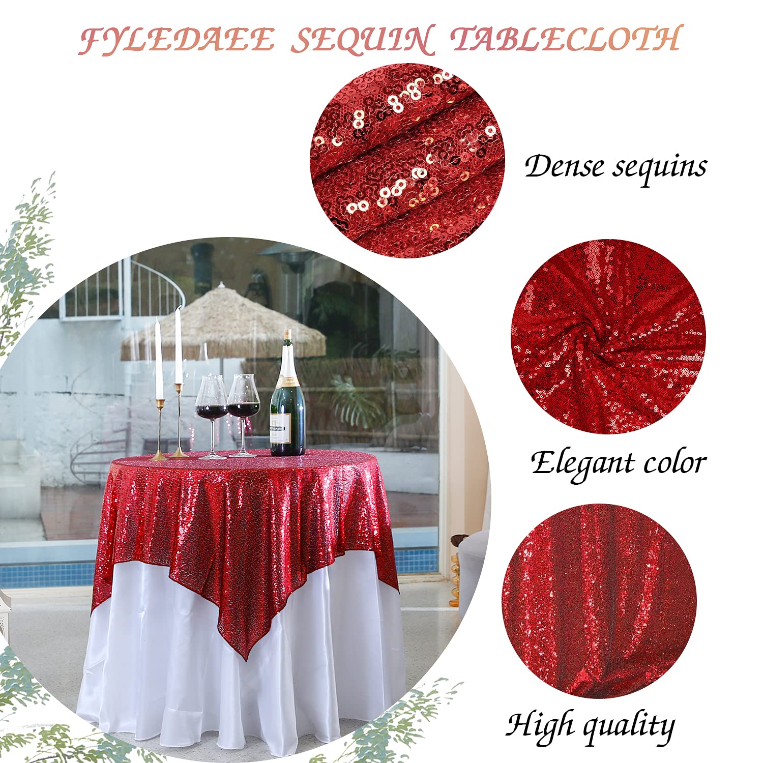 Fyledaee Red Sequin Tablecloth Round 50X50 Inch Square Glitter Shimmer Table Cover For Wedding Baby Shower Birthday Party Dinner