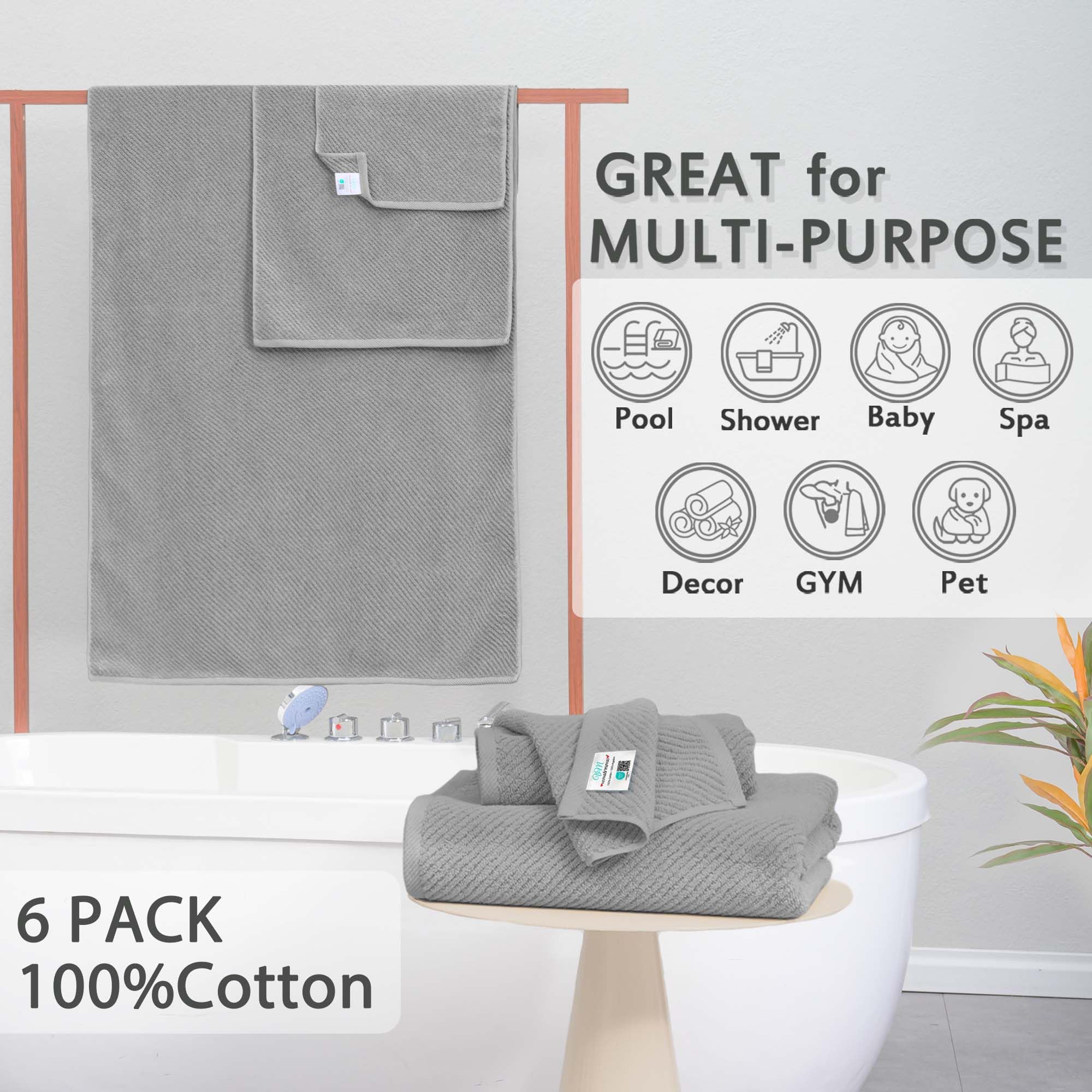 Voova & Movas Grey Bathroom Towel Sets - 100% Cotton | Lightweight | Quick Dry | Thick | Soft, 6 Piece Towel Set, 2 Large Bath 3