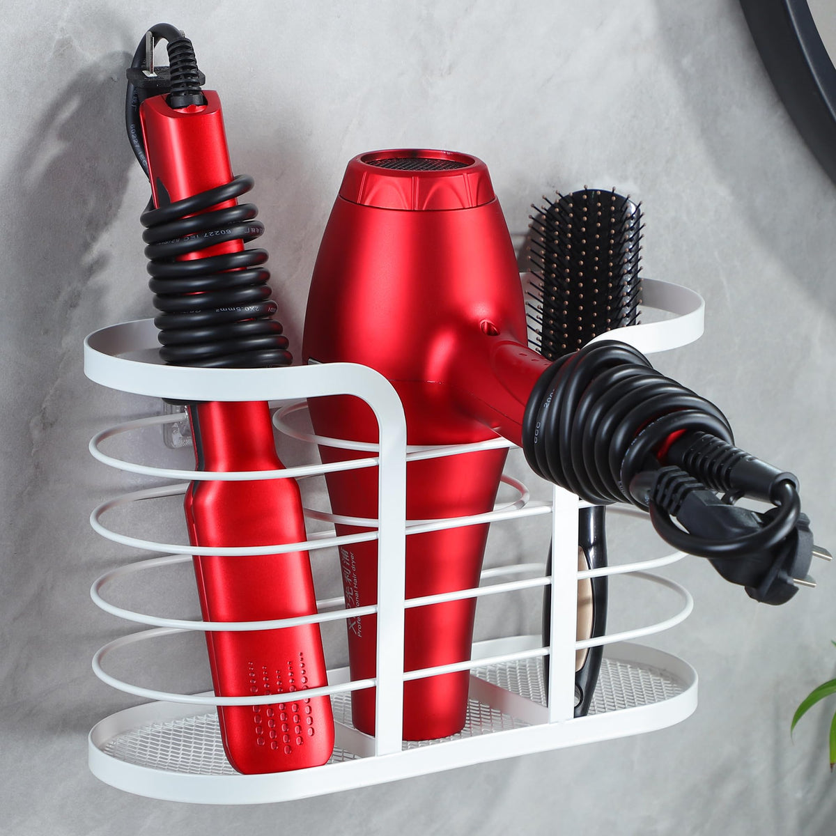 Yigii White Hair Dryer Holder - Adhesive Blow Dryer Holder/Hair Tool Organizer Bathroom Organizer Stick On Wall Mounted Multi-Fu