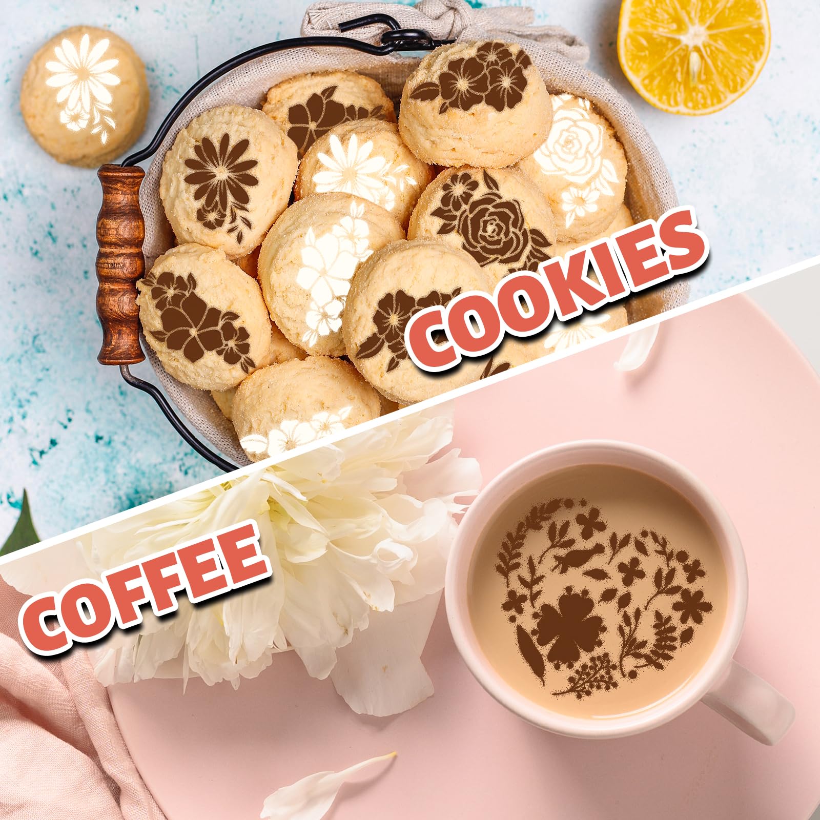 Whaline 17Pcs Flower Theme Cookie Stencils Inspirational Floral Airbrush Painting Stencils Assorted Biscuit Cake Baking Template