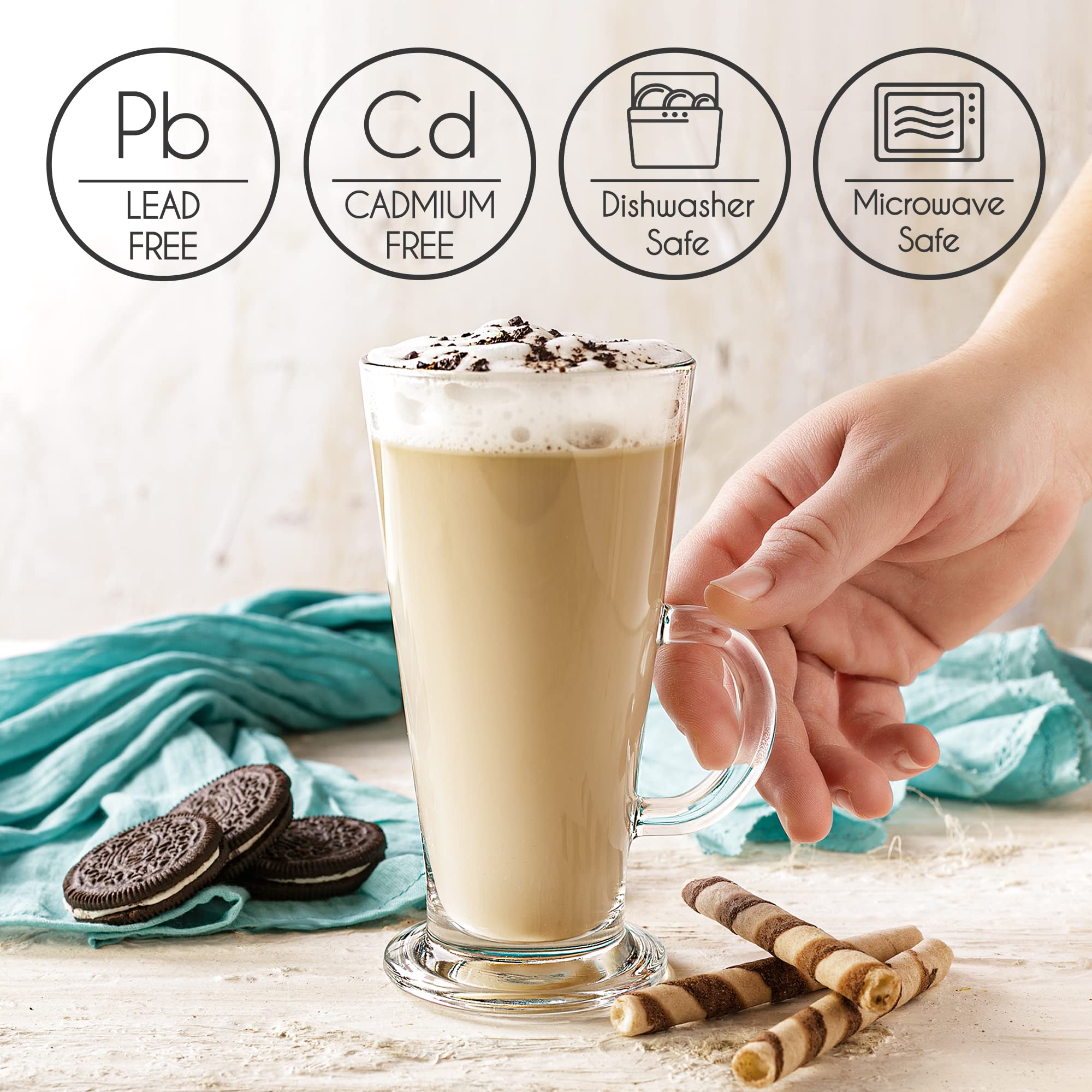 Crystalia Tall Irish Coffee Mugs With Handle, Large Colombian Glasses Set Of 2, Tall Funnel Clear Glasses For Iced Coffee, Latte