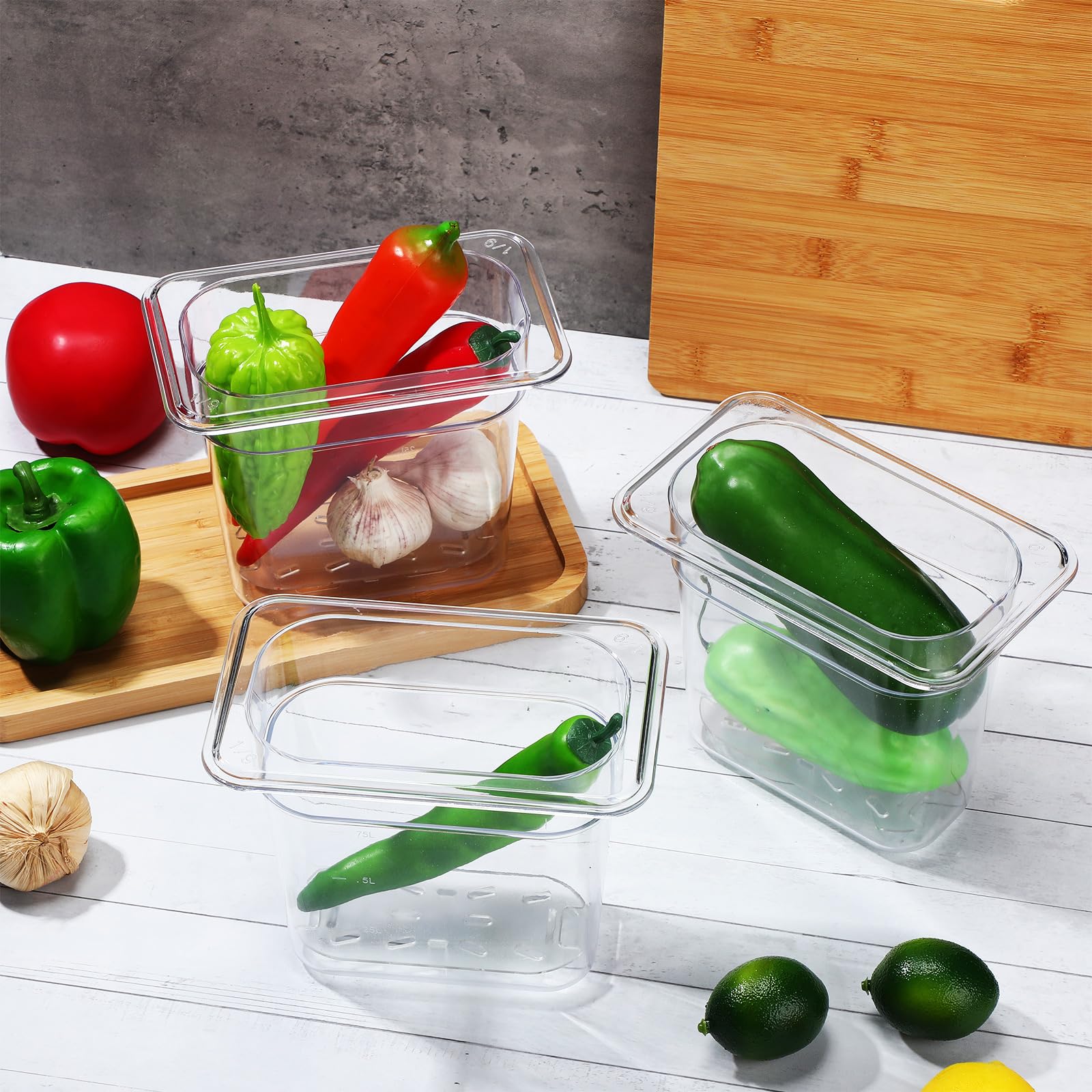 Sunnyray 6 Set 1/9 Size Polycarbonate Food Pans With Lids And Drain Shelf Deep Square Food Storage Containers For Kitchen Restau