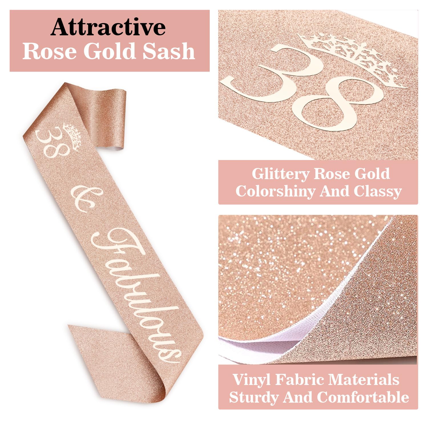 38Th Birthday Decorations For Women Including 38Th Birthday Sash, Tiara/Crown, Numeral 38 Candles And Cake Topper, Rose Gold 38T