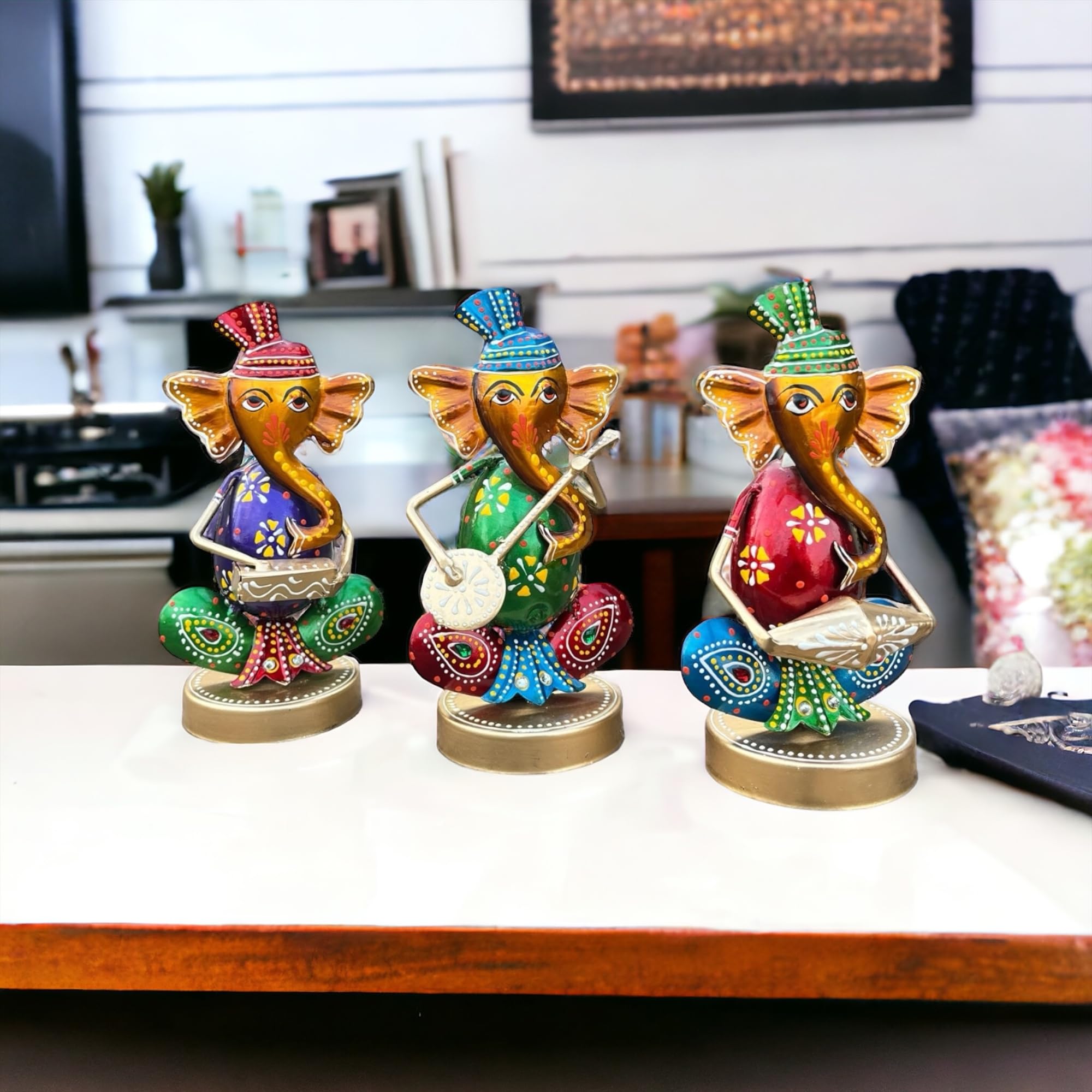 Craficial Metal Handpainted Ganesh Ji Rajasthani Musician Set Showpiece Idol For Living Room Sclupture For Home & Office Decor (