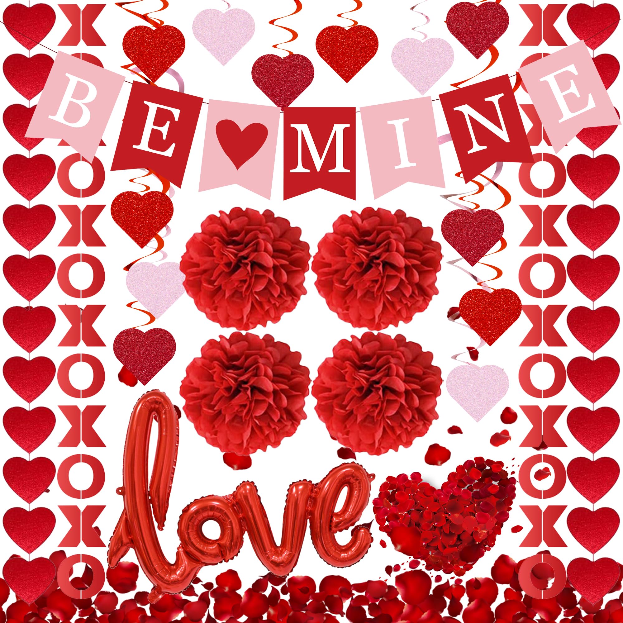 Dmight Red Valentine'S Day Decoration Set, Be Mine Banner, Love Heart Xo Garlands, Rose Petals, Hanging Swirls, Foil Love Balloo