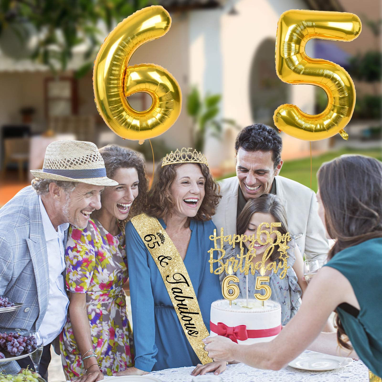 65Th Birthday Decorations For Women Including Gold 65Th Birthday Tiara And Sash, Gold 65Th Birthday Candles And Cake Topper, Gol