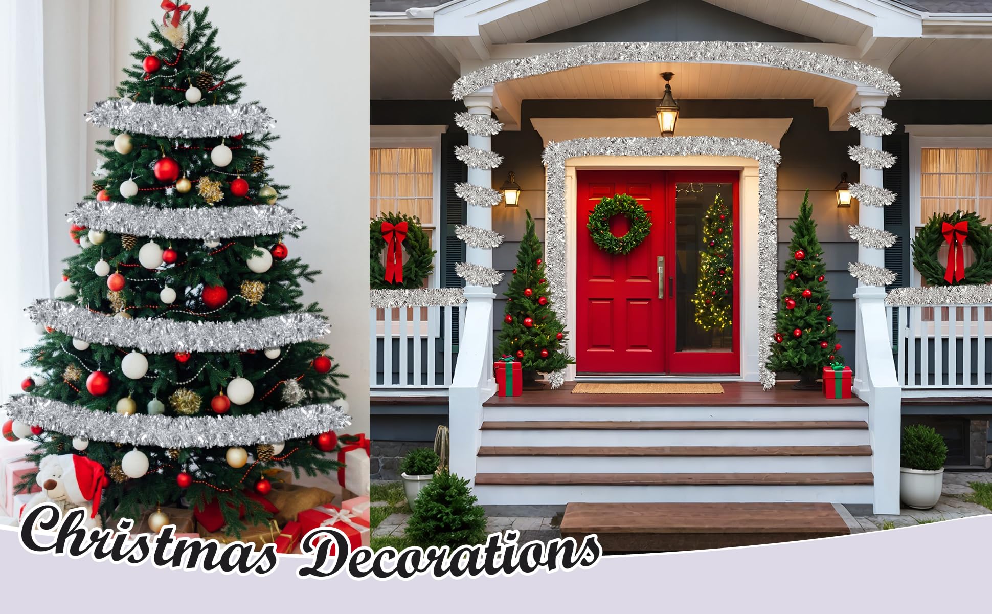 50Ft Silver Christmas Garland Decorations,Xams Tinsel Stems Non-Lit Soft Twist Garland Decor for Tree Stairs Railing Front Door