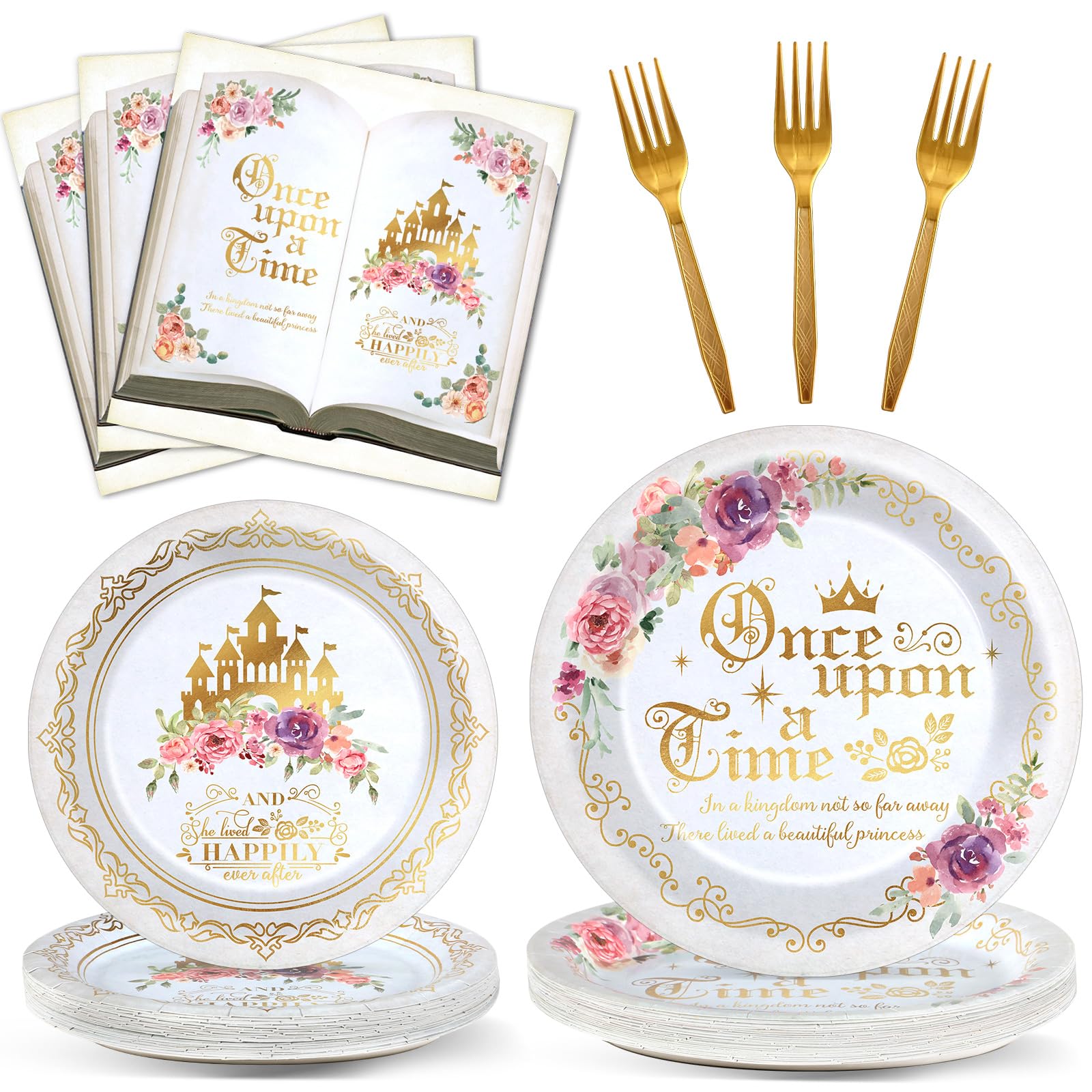 Fairytale Princess Plates And Napkins Once Upon A Time Party Tableware Set Plates For Wedding Girl Pink Floral Gold Castle Dinne