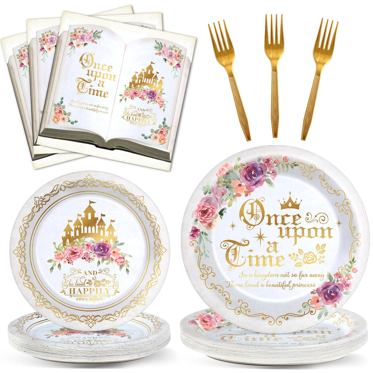 Fairytale Princess Plates And Napkins Once Upon A Time Party Tableware Set Plates For Wedding Girl Pink Floral Gold Castle Dinne