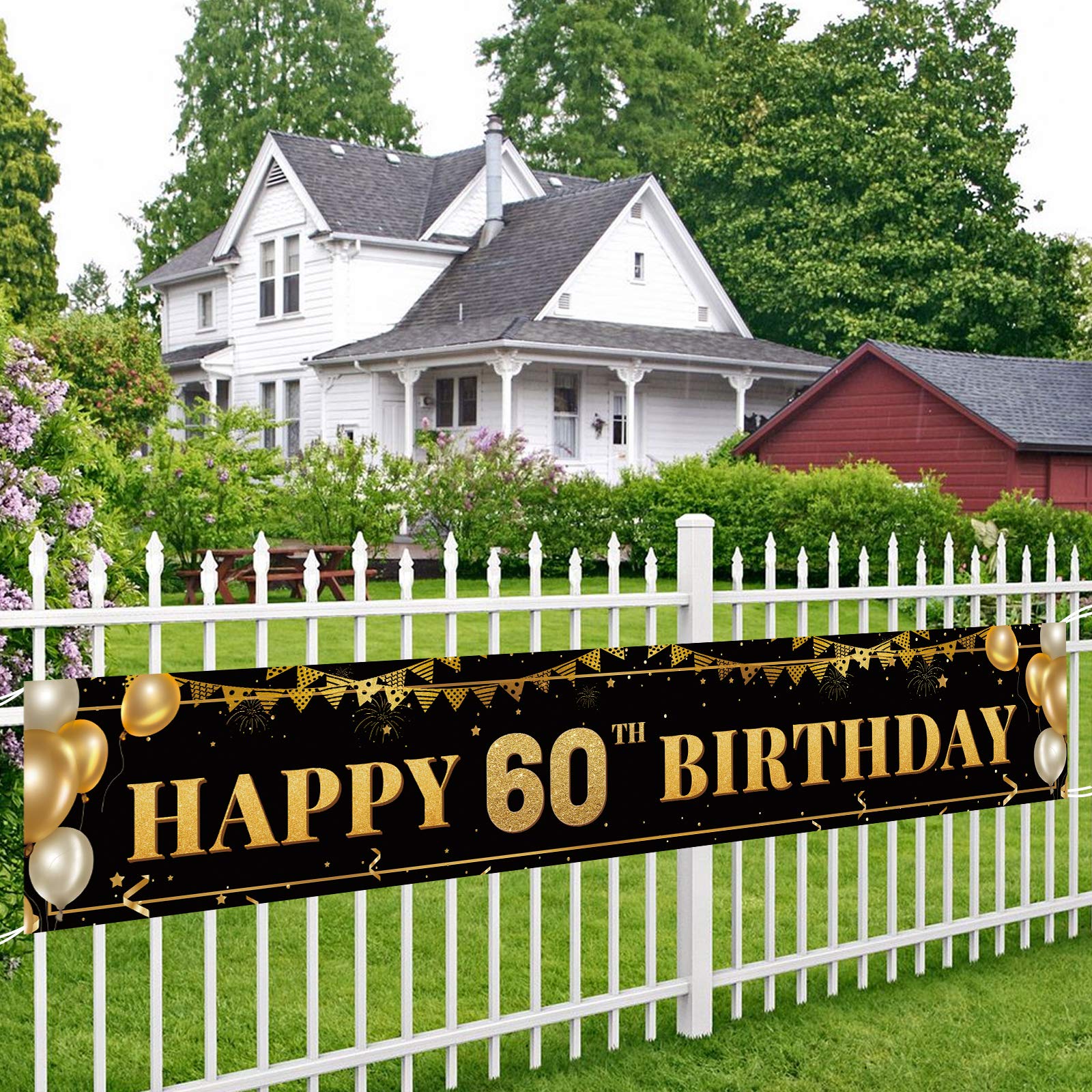 Large Happy 60Th Birthday Decoration Banner, Black And Gold Happy 60Th Birthday Banner Sign, 60Th Birthday Party Decorations Sup
