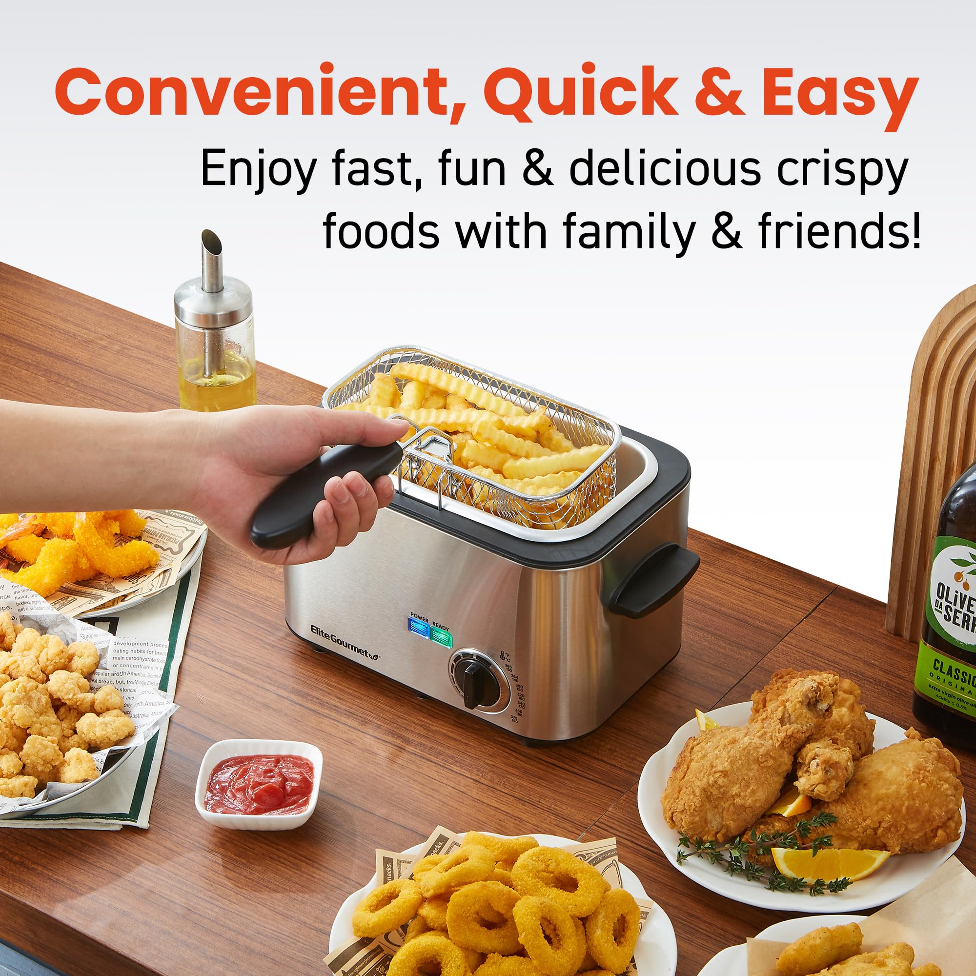 Elite Gourmet EDF1116 Electric Deep Fryer, 1.2 Qt. Stainless Steel, Adjustable Temperature, Removable Basket, Cool-Touch Lid