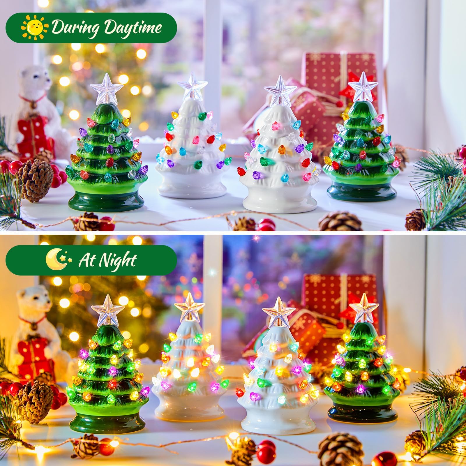 5 Inch Mini Ceramic Christmas Tree Set - 4 Pack Pre-lit Tabletop Christmas Tree with Multicolored LED Lights, Battery Operated S