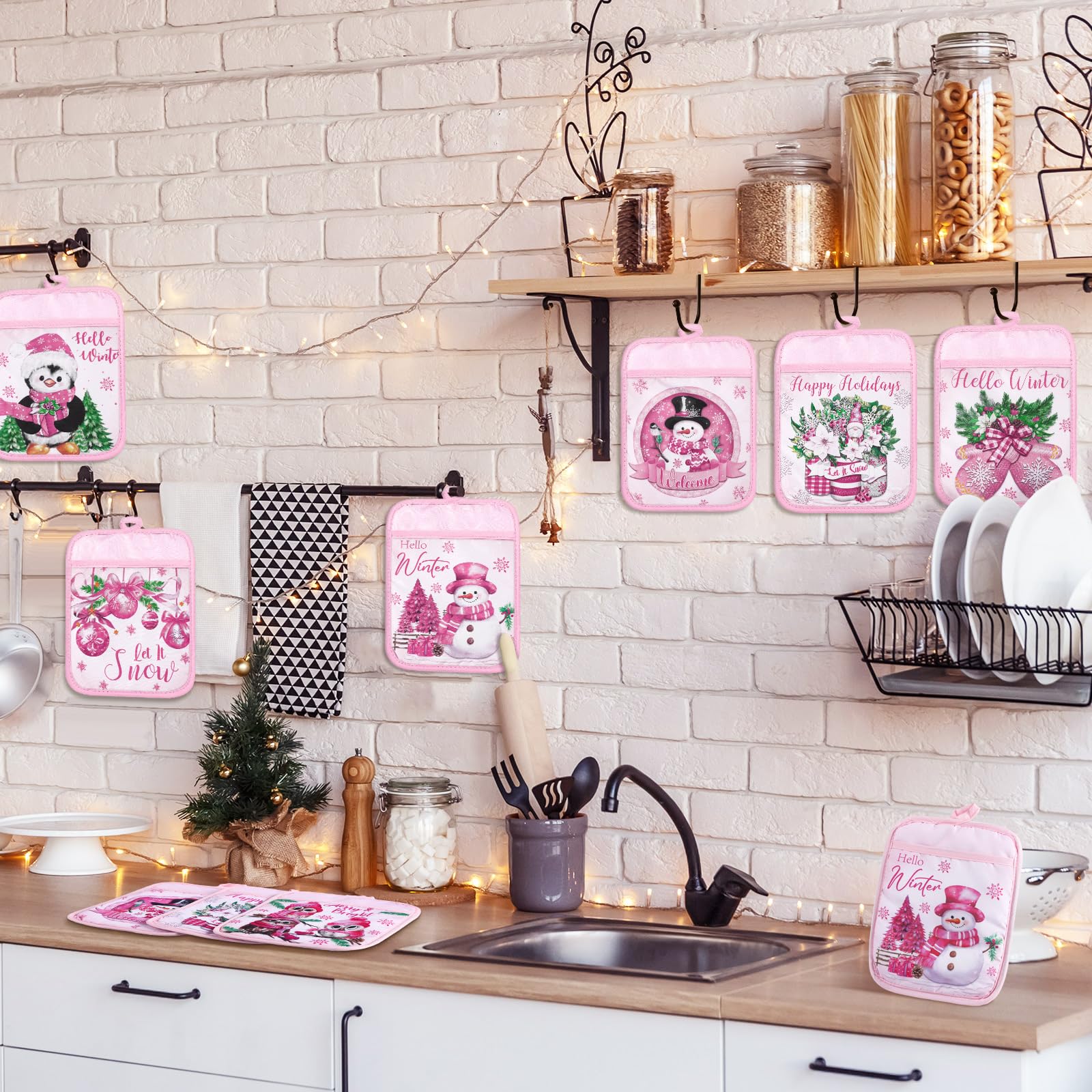 Jingmore 12 Pcs Pink Christmas Pot Holders with Pocket Hello Winter Pot Holders Gift Bulk Snowman Gnome Heat Resistant Hot Pads