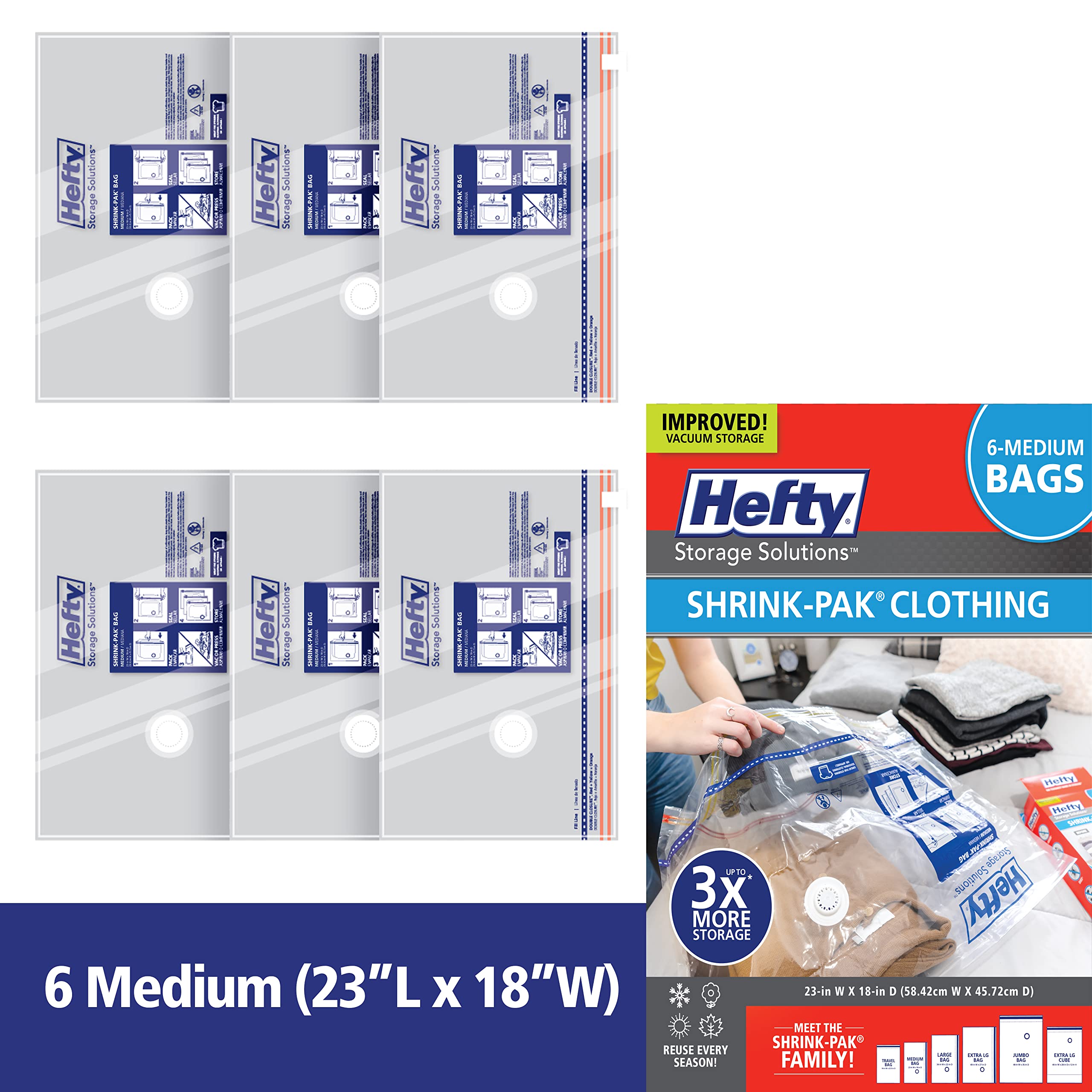 Hefty Shrink-Pak Vacuum Storage Bags - Space Saver Vacuum Storage Bags For Under Bed Storage, Clothing And Comforter Storage, 3X