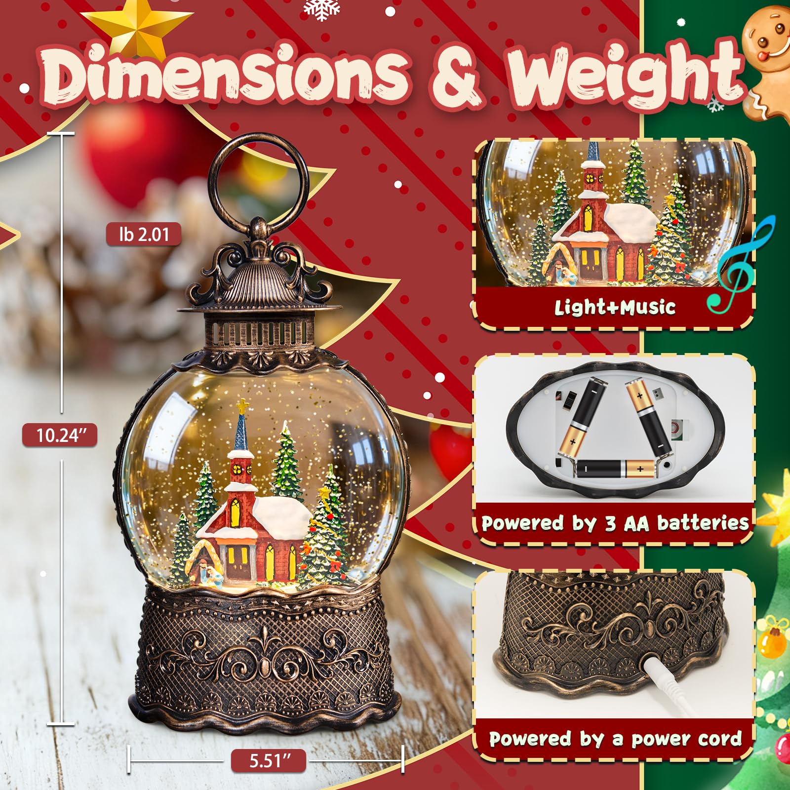 Christmas Snow Globes Lantern, Church and Christmas Tree Christmas Decorations Indoor, 6H Timer Battery & USB Powered Light Up M