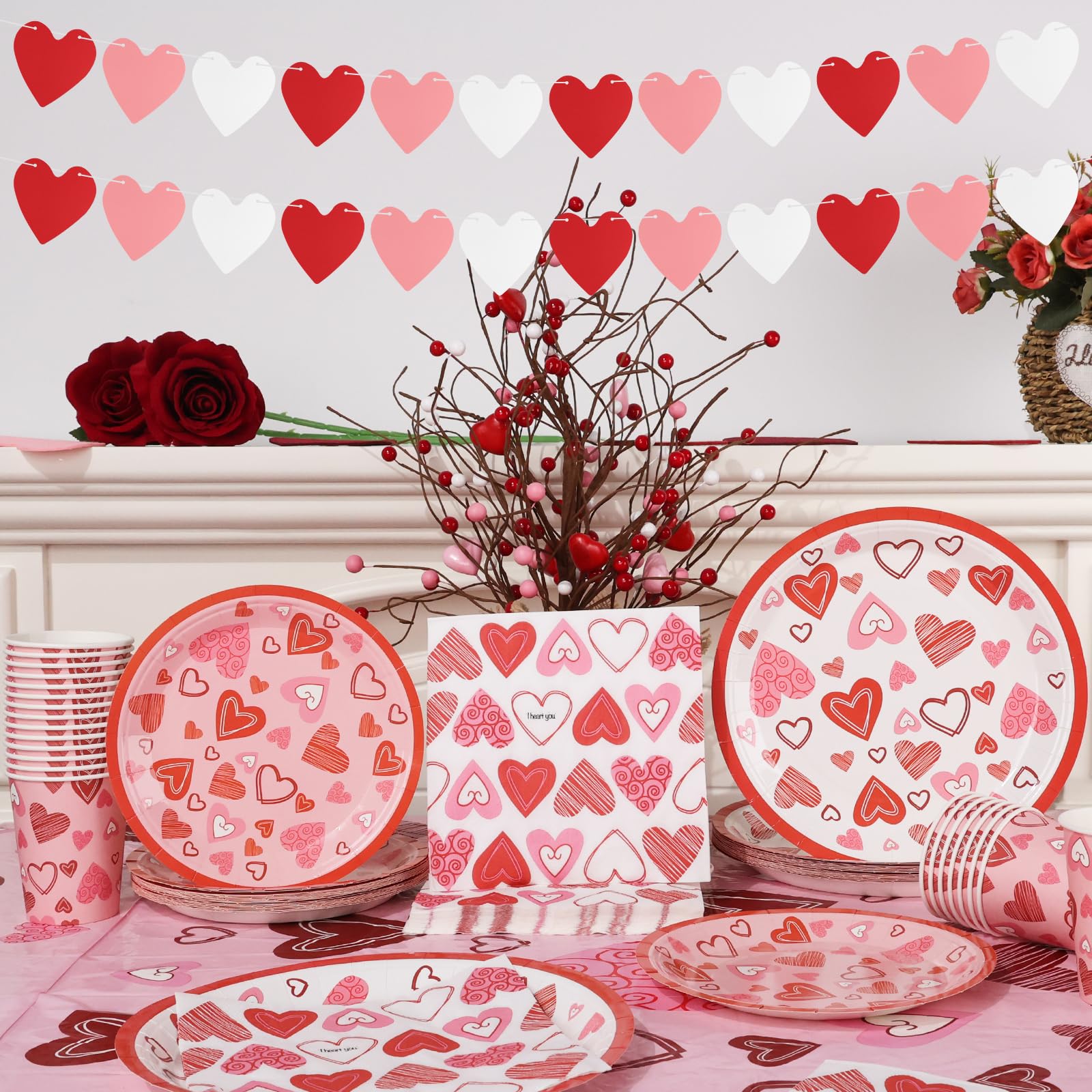 Arosche Valentines Day Decorations Party Supplies Set For 25-Disposable Paper Plates, Napkins, Cups, Tablecloth & Garlands Happy