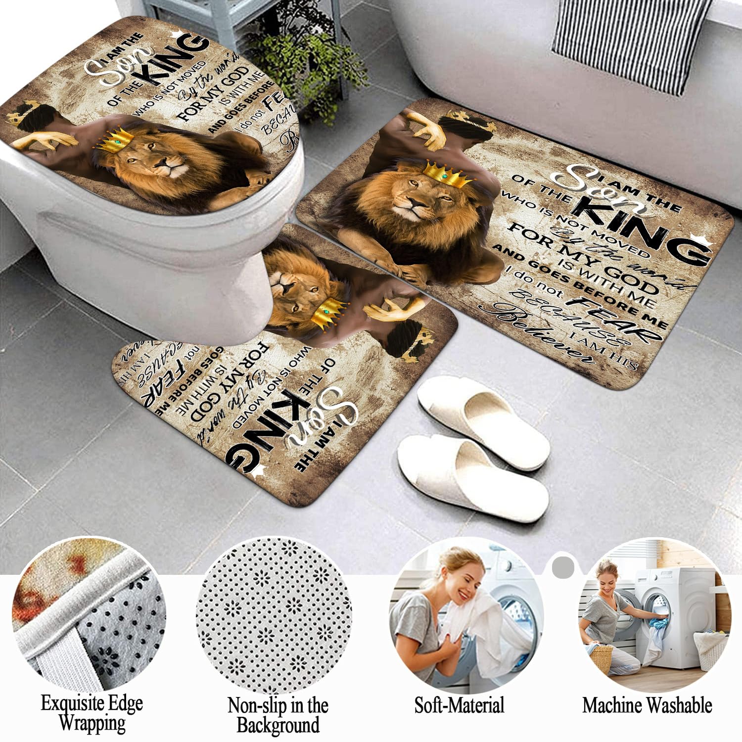 4 Pcs Lion King Shower Curtain Set, Inspirational Quote Black Man Bathroom Shower Curtains And Rugs Toilet Lid Cover Bath Mat, V
