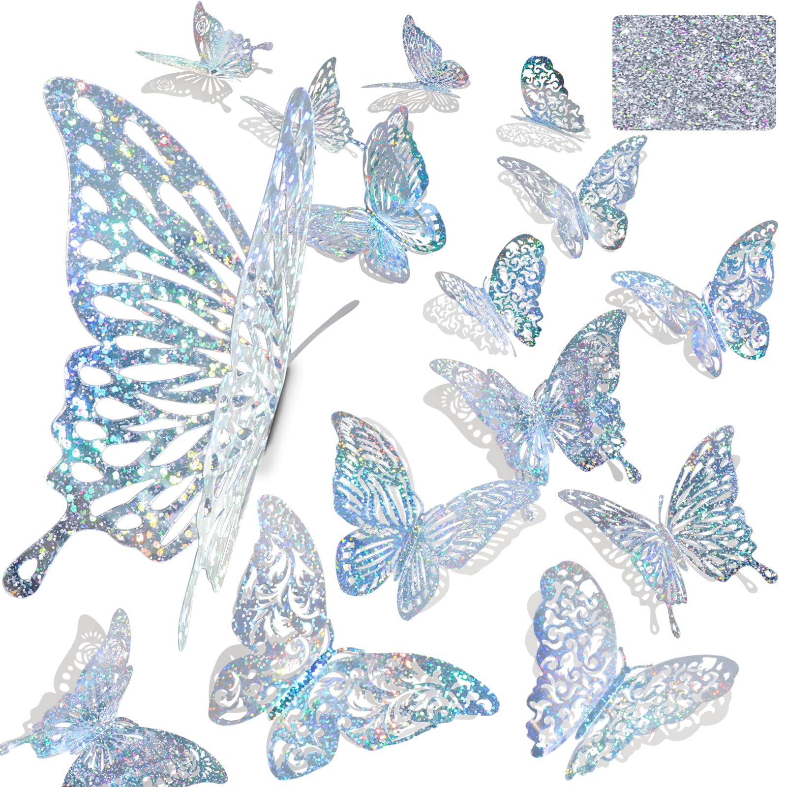 60 Pcs 3D Sequined Silver Butterfly Wall Decor, 5 Styles 3 Sizes,Butterfly Cake Birthday Party Baby Shower Decorations Iridescen