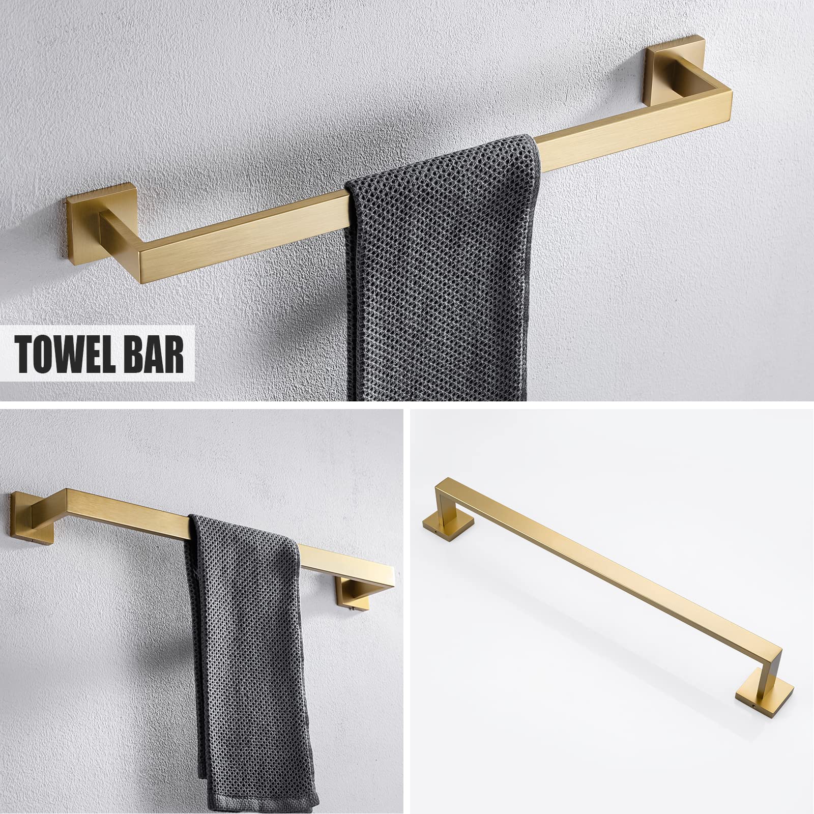Yacvcl Brushed Gold 5 Piece Bathroom Hardware Set, Sus304 Stainless Steel 23.6 Inch Bath Towel Bar Set,Wall Mounted Towel Holder