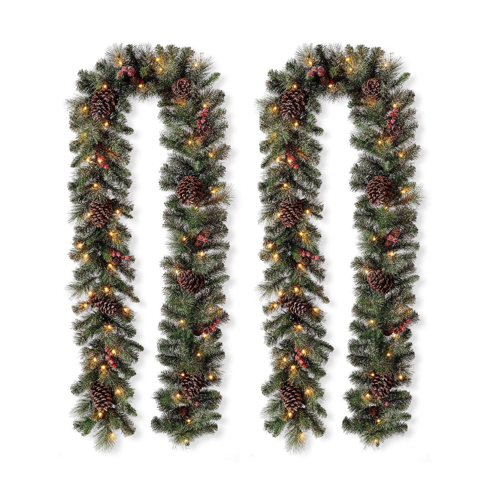 Glitzhome 2PK 9ft Prelit Christmas Garlands, Glittered Greenery Garlands Artificial Pine Garlands with Pine Cones Berries, Chris