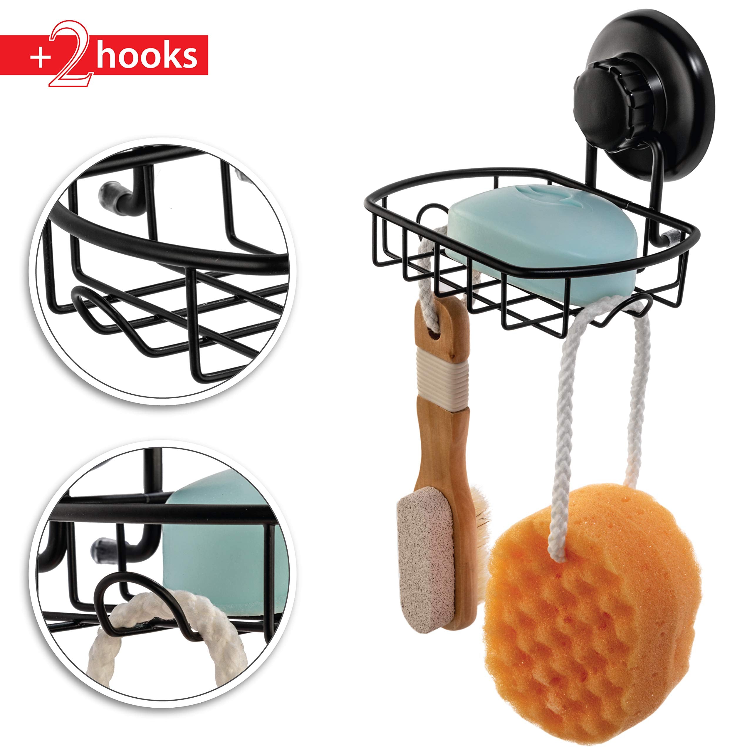 HASKO Suction Soap Dish - Rustproof SS304 Stainless Steel, Black, Powerful Vacuum Cup Holder for Bathroom & Kitchen - Model WERPOWER001