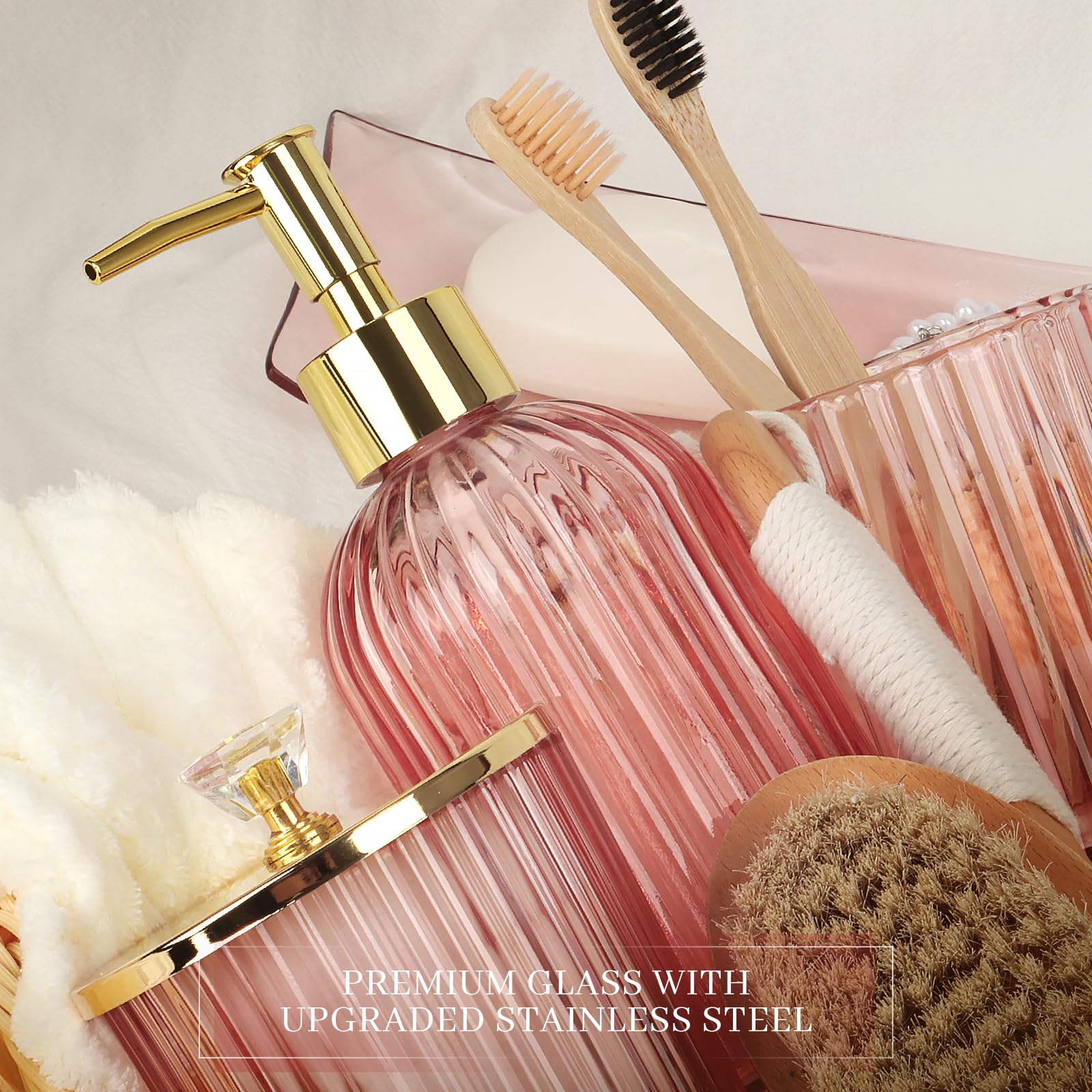 Designer Pink Glass Bathroom Accessories Sets - 4 Pcs With Lotion Soap Dispenser, Bathroom Toothbrush Holder, Vanity Tray, And A