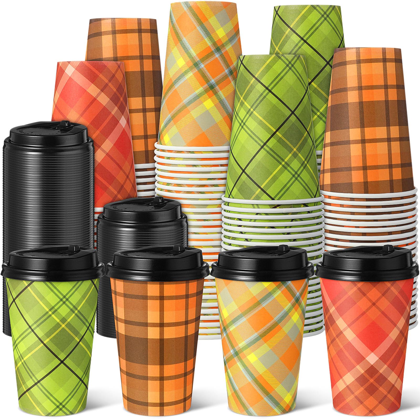 Teenyyou 100 Pack 12oz Fall Plaid Disposable Coffee Cups with Lids Autumn Thanksgiving Coffee Paper Cups for Cold Hot Drinks Fal